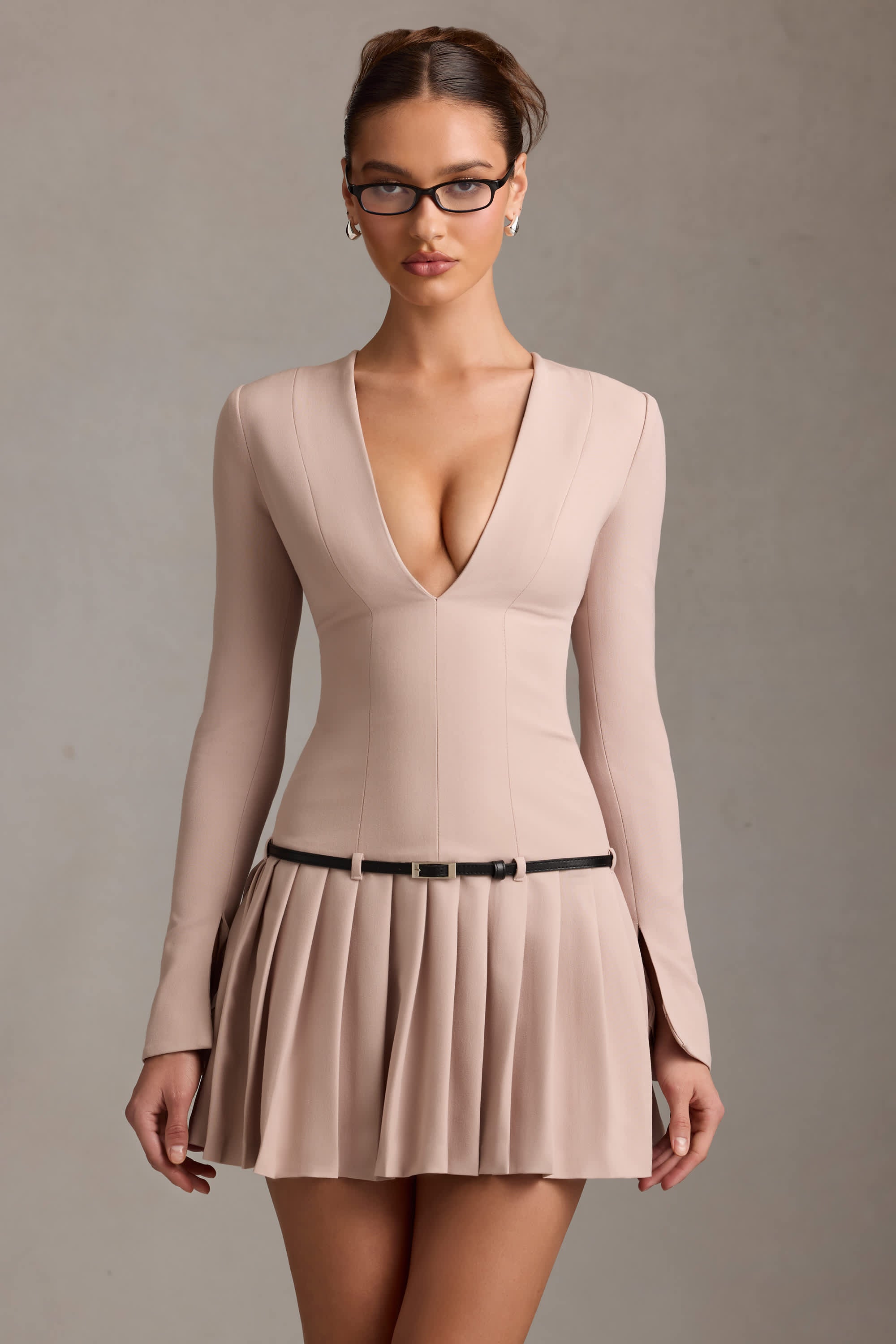 Fiorella-Long-Sleeve Pleated Mini Dress in Mushroom
