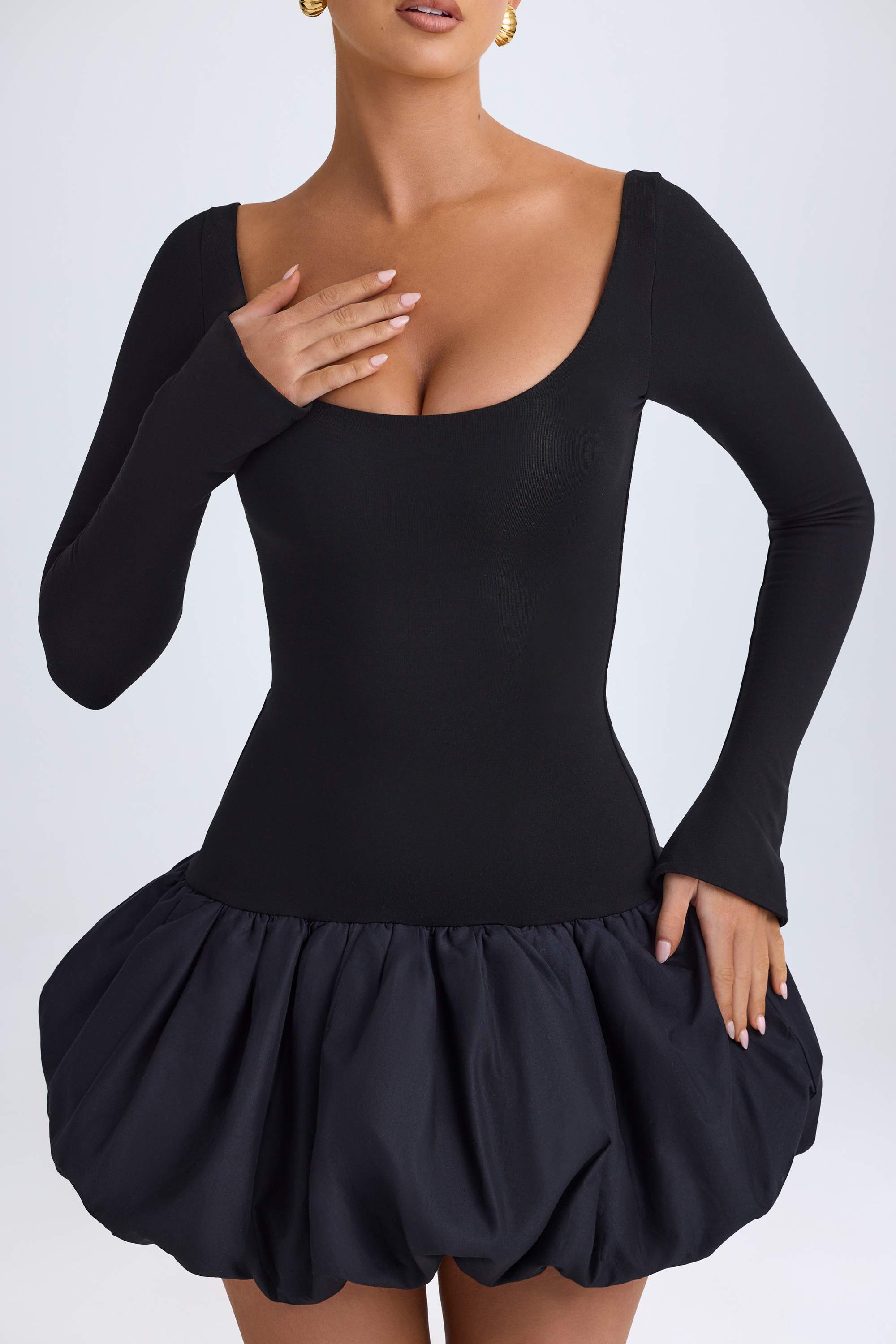 Delphi-Scoop-Neck Drop-Waist Bubble Hem Mini Dress in Black
