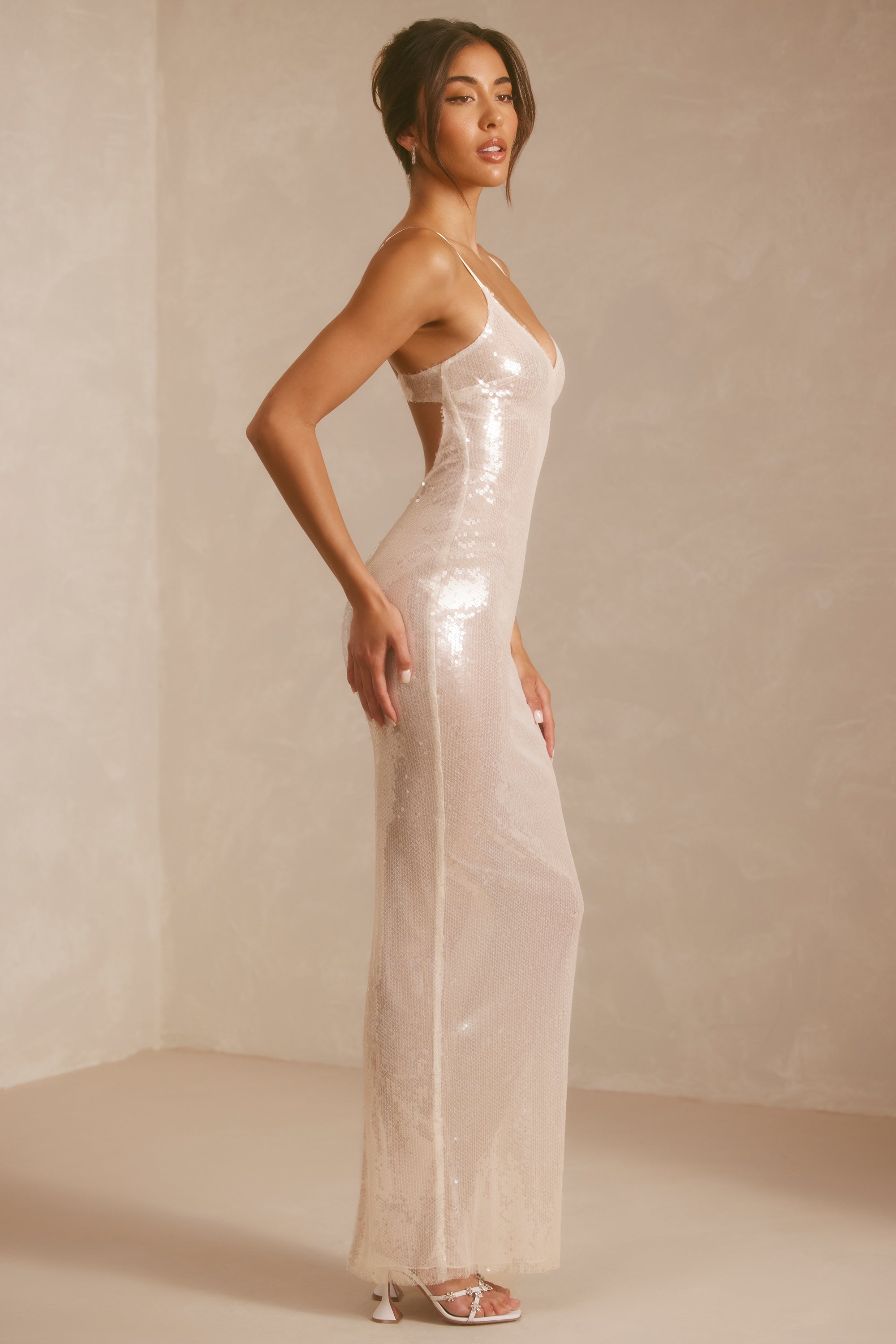 Marlena-Sheer Sequin V-Neck Cut Out Back Evening Gown in White