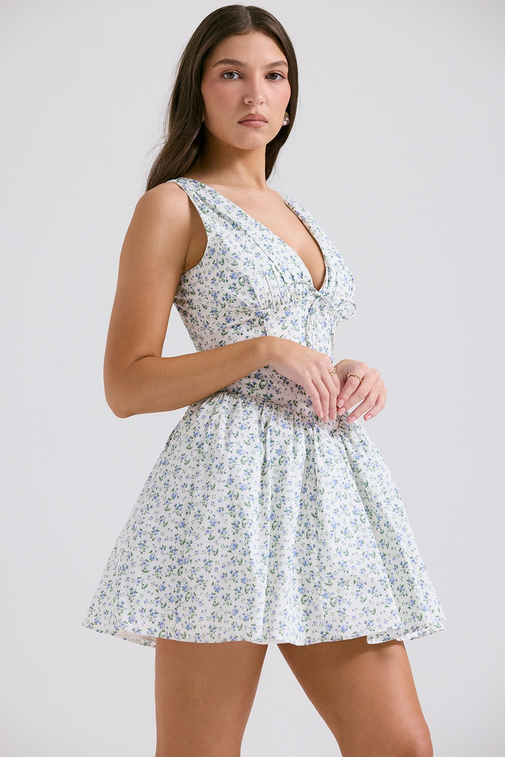 Fabrizia-White Bluebell Print Corset Mini Dress