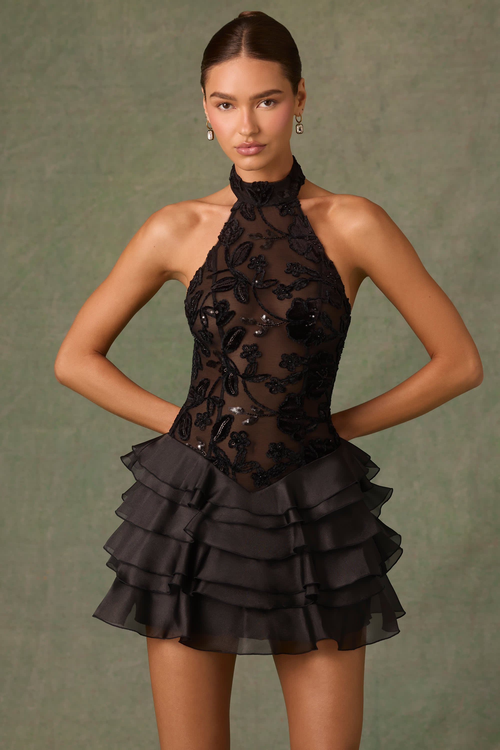 Petalia-Embellished Ruffled Halterneck Mini Dress in Black