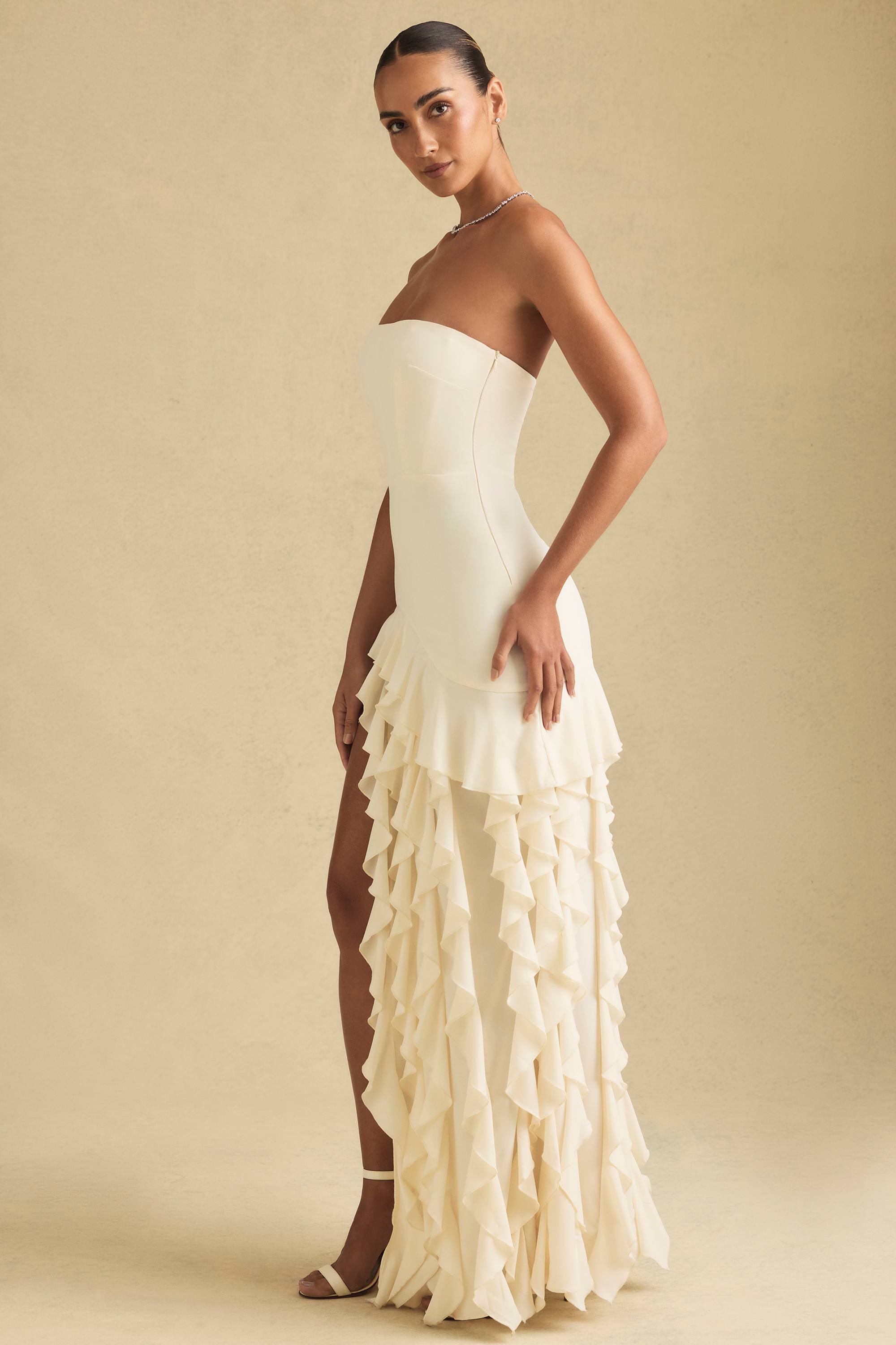 Diletta-Ruffle-Trim Strapless Gown in Ivory