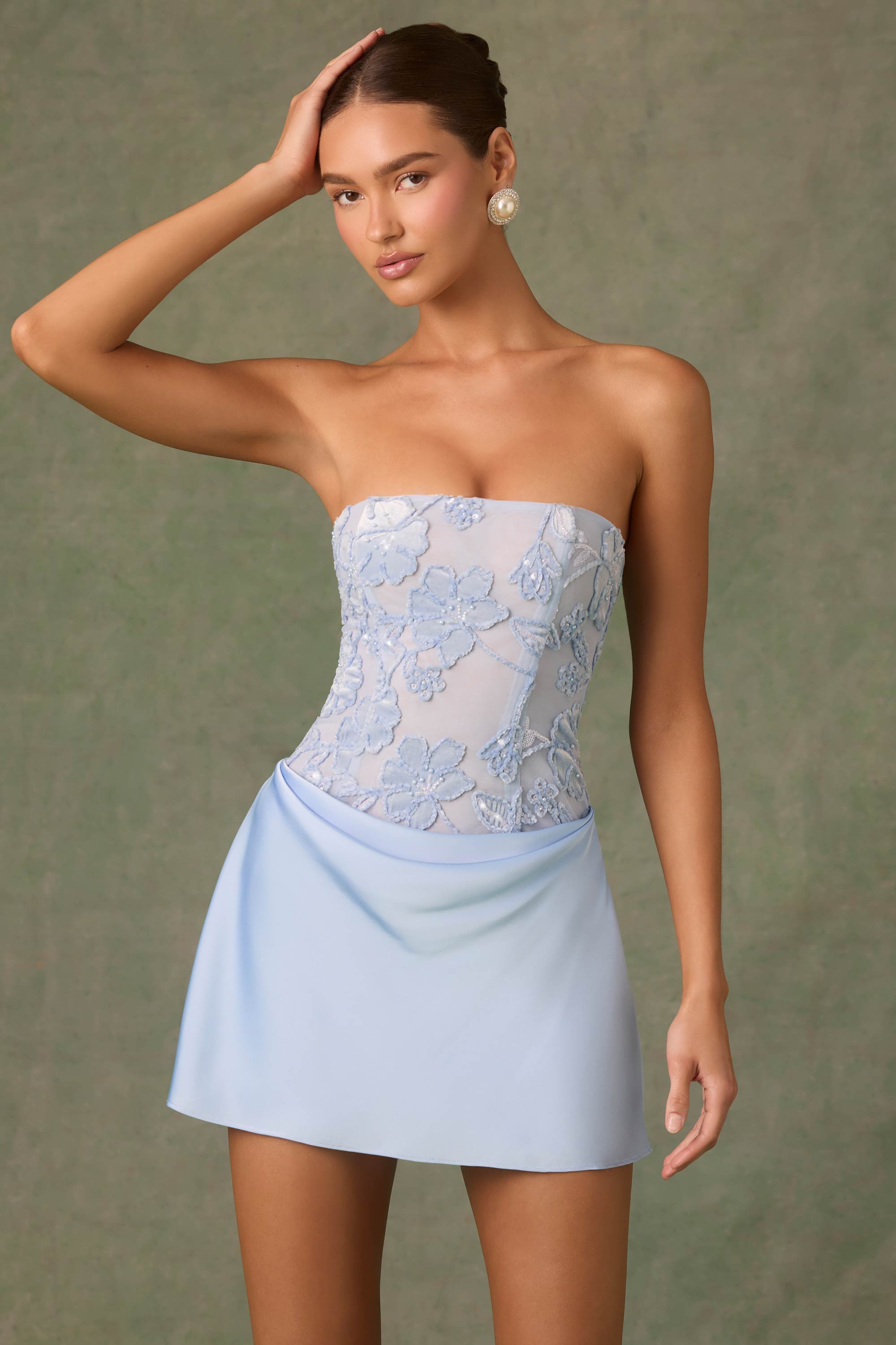 Eden-Embellished Draped Strapless A-Line Mini Dress in Sky Blue