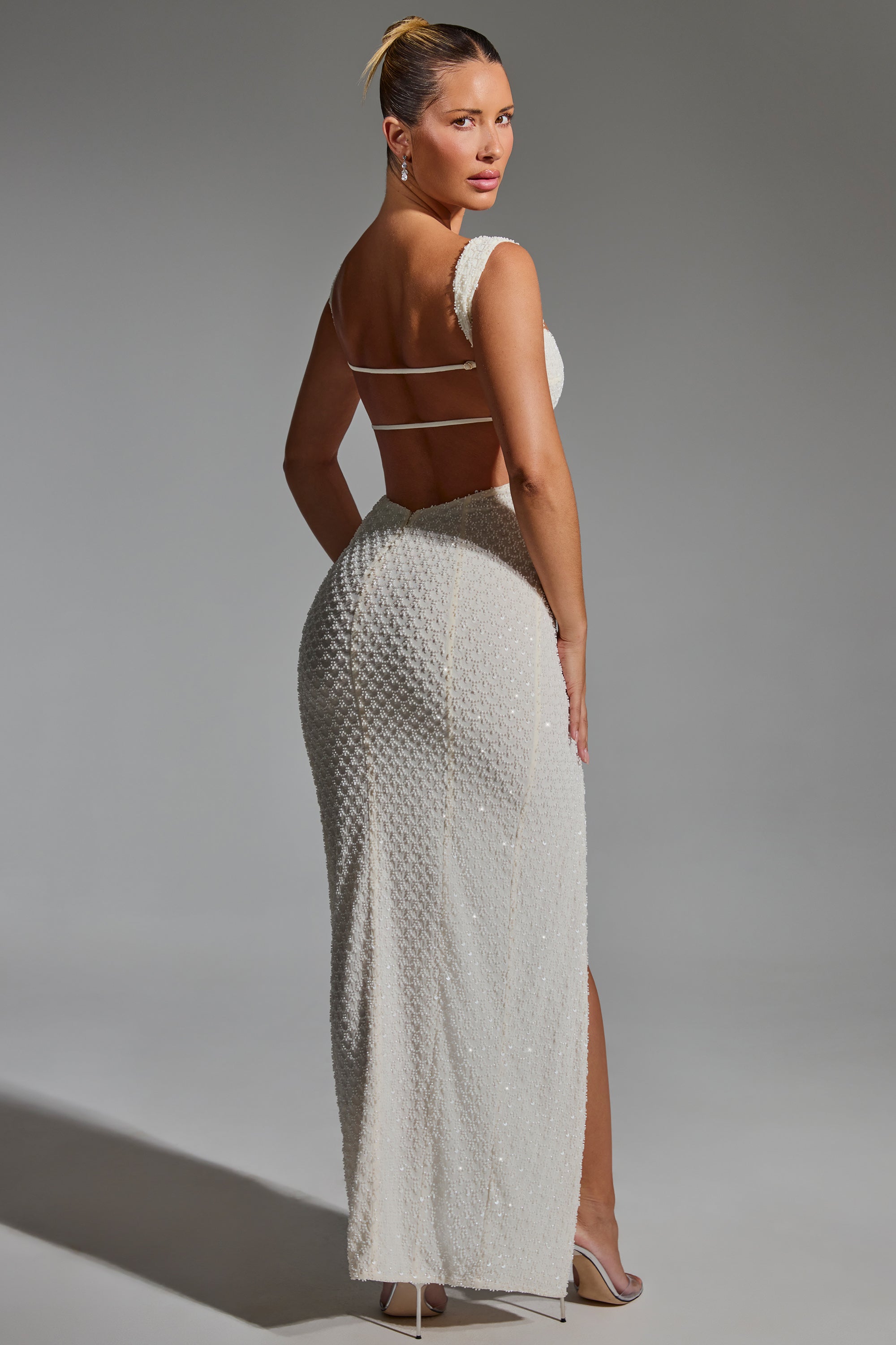 Cordelia-Embellished Open-Back Maxi Dress in White