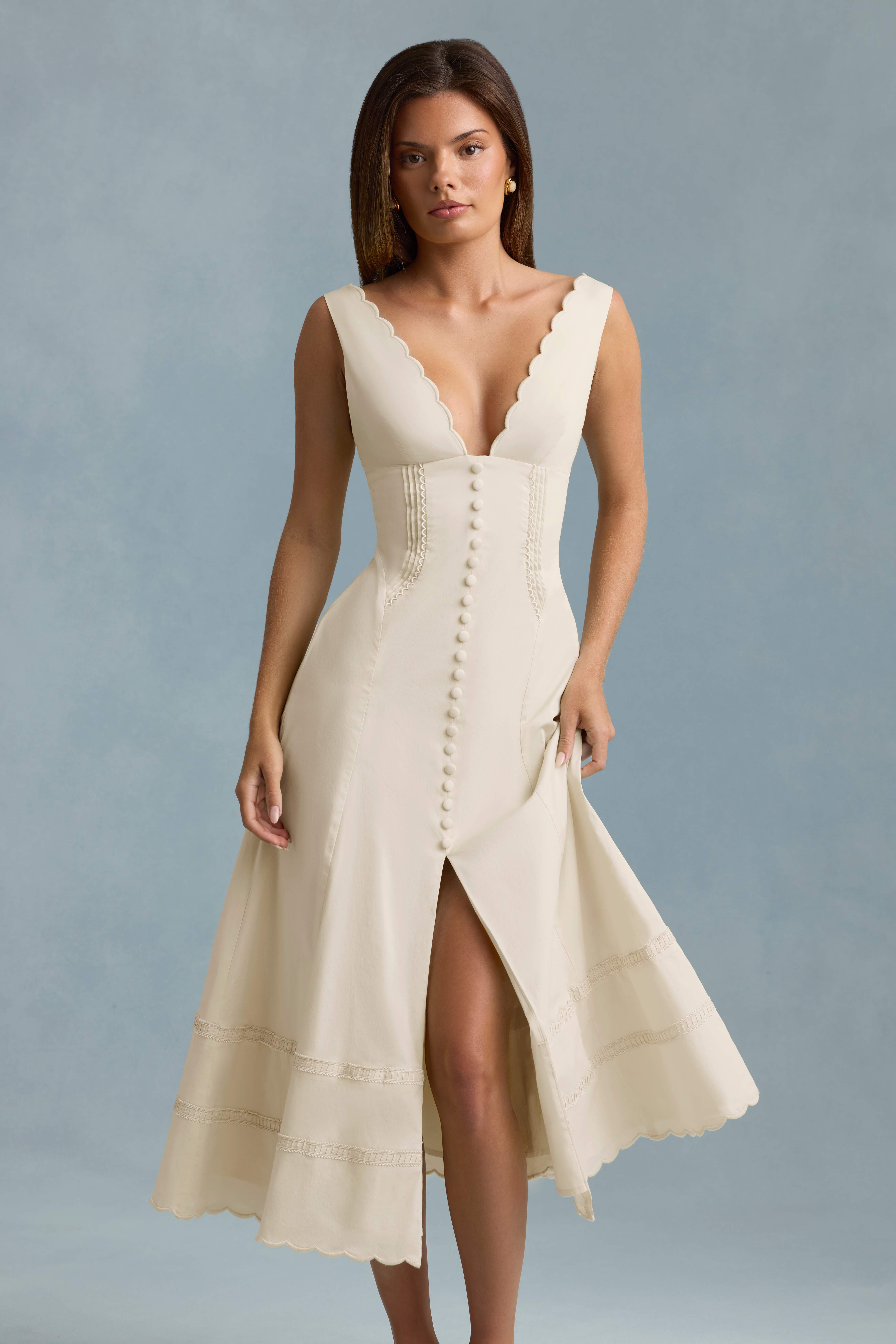 Aralisse-Cotton-Poplin A-Line Midaxi Dress in Ivory