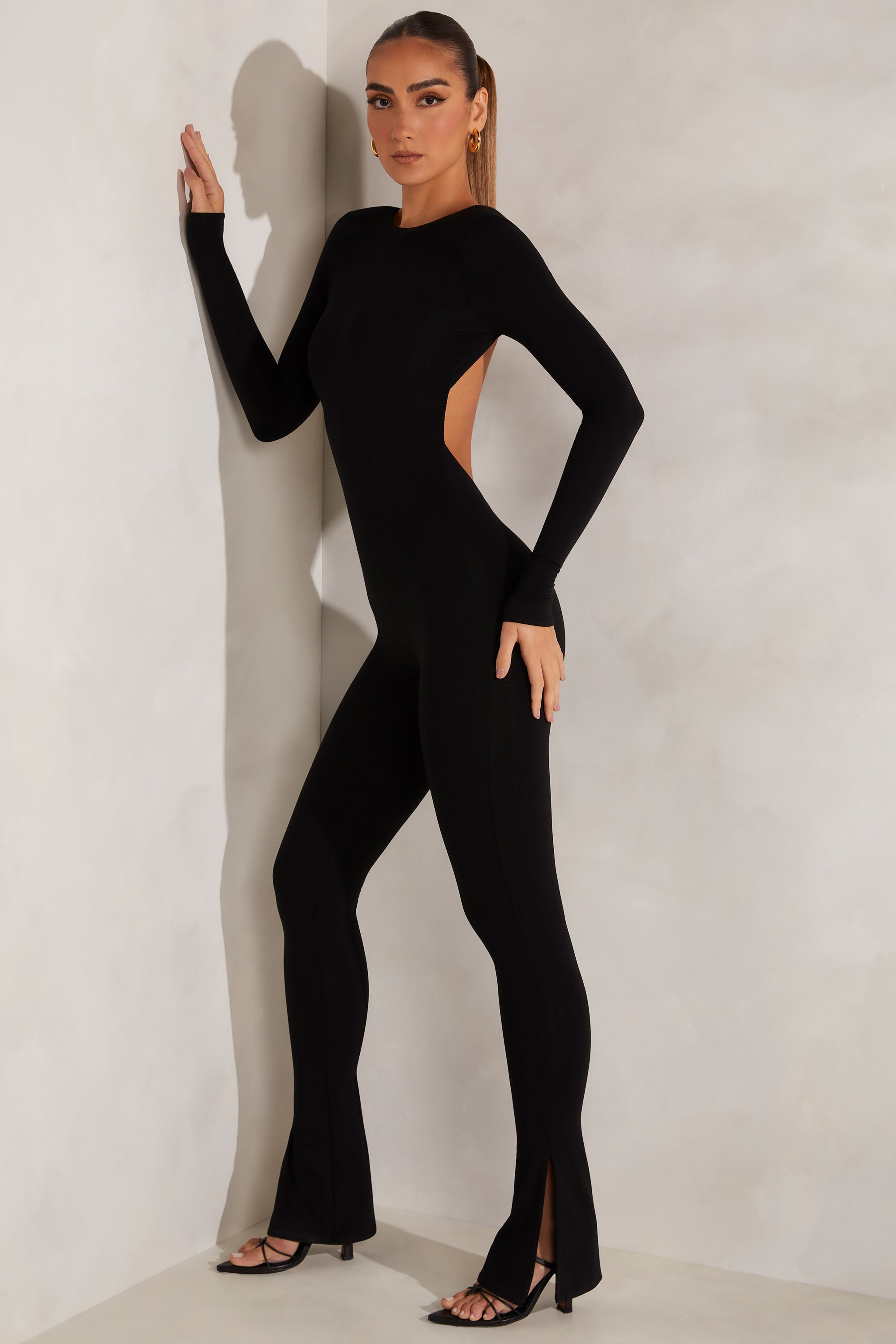 Rumer-High Neck Open Back Jumpsuit in Black