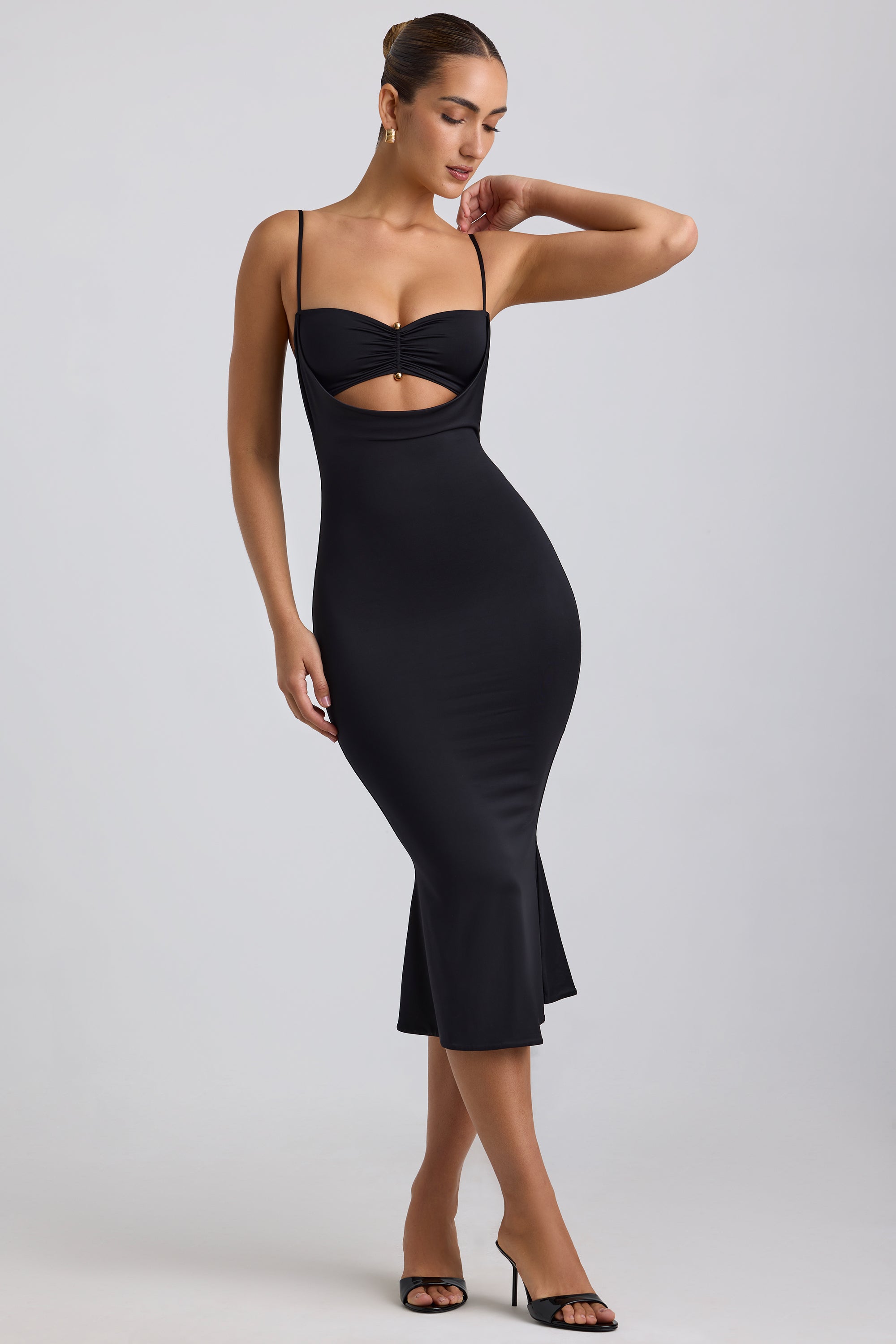 Julane-Slinky Jersey Ruched Cut-Out Midaxi Dress in Black