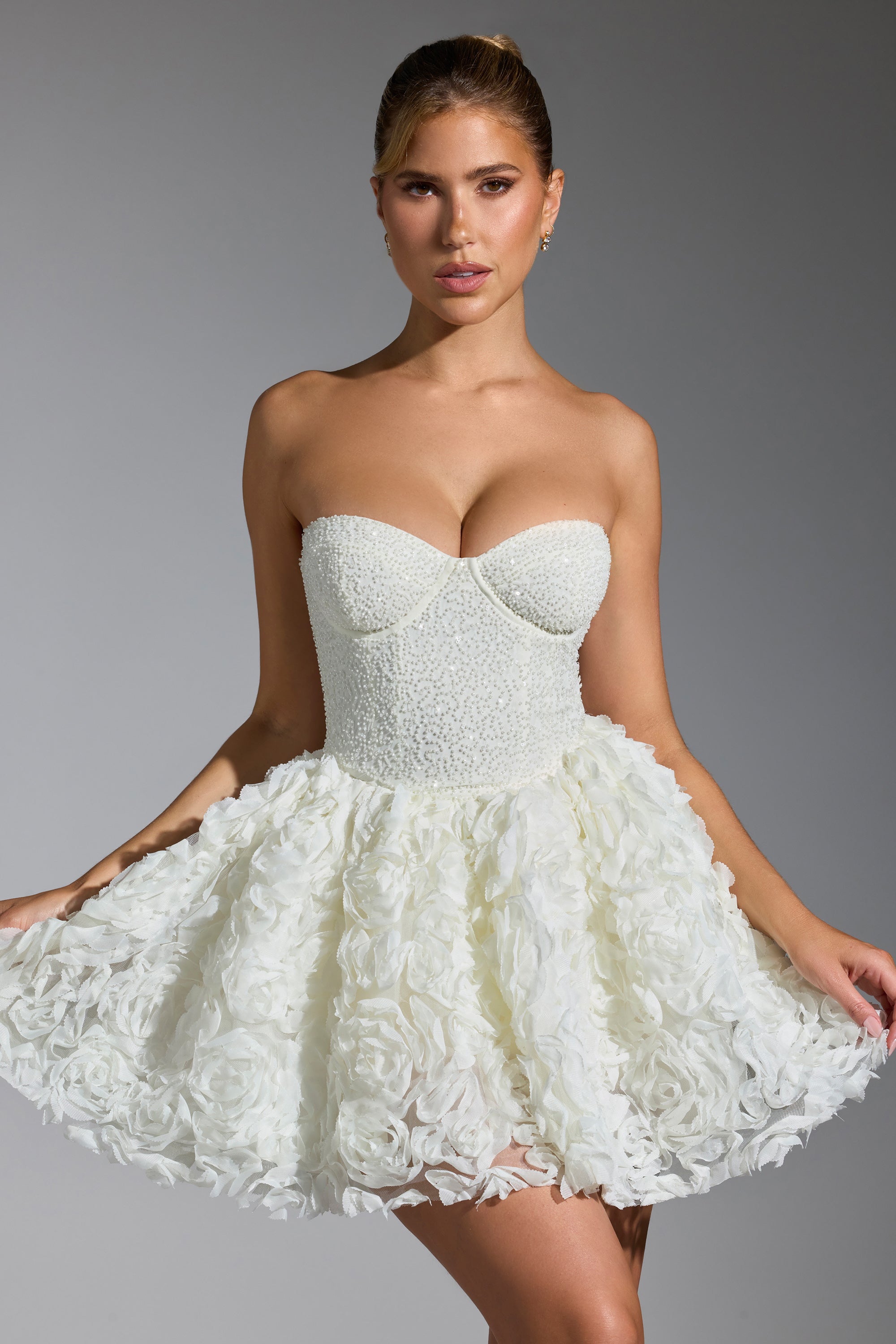 Evanthe-Embellished Floral-Appliqué Lace-Up Mini Dress in White