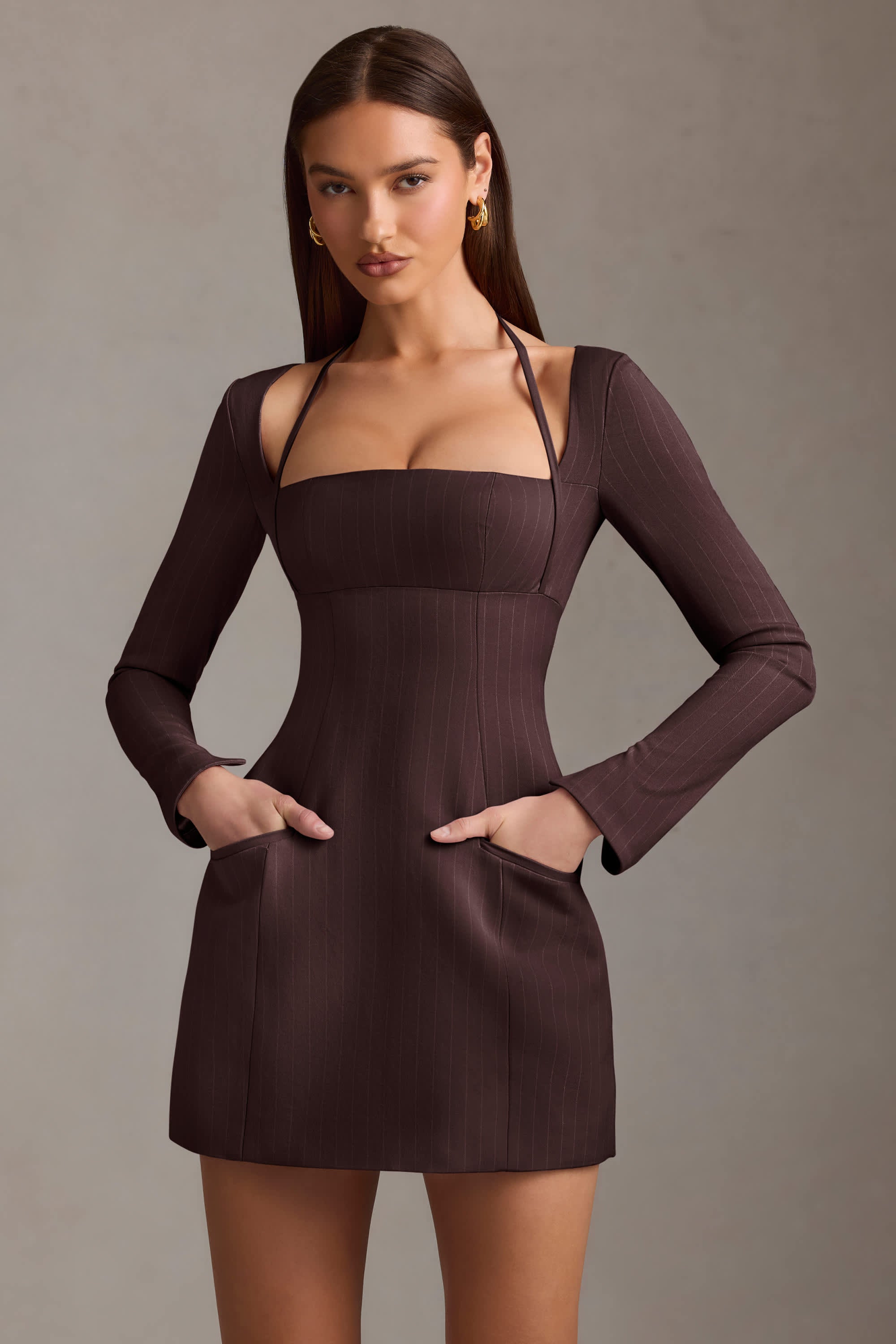 Ksenia-Pinstripe Structured A-Line Mini Dress in Chocolate Brown