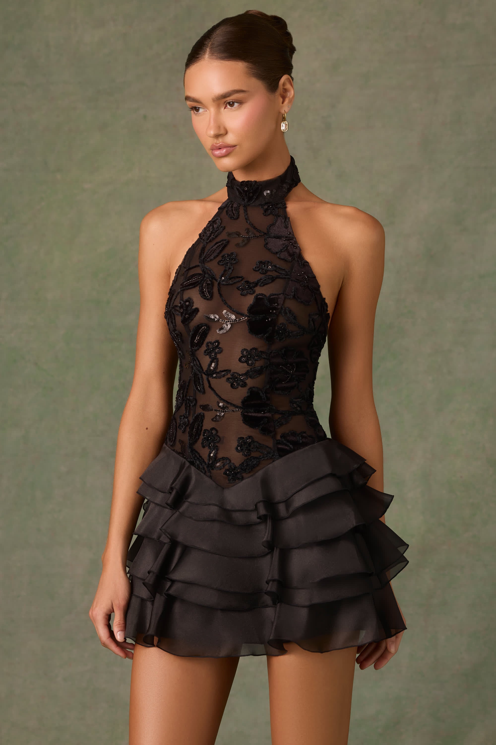 Petalia-Embellished Ruffled Halterneck Mini Dress in Black