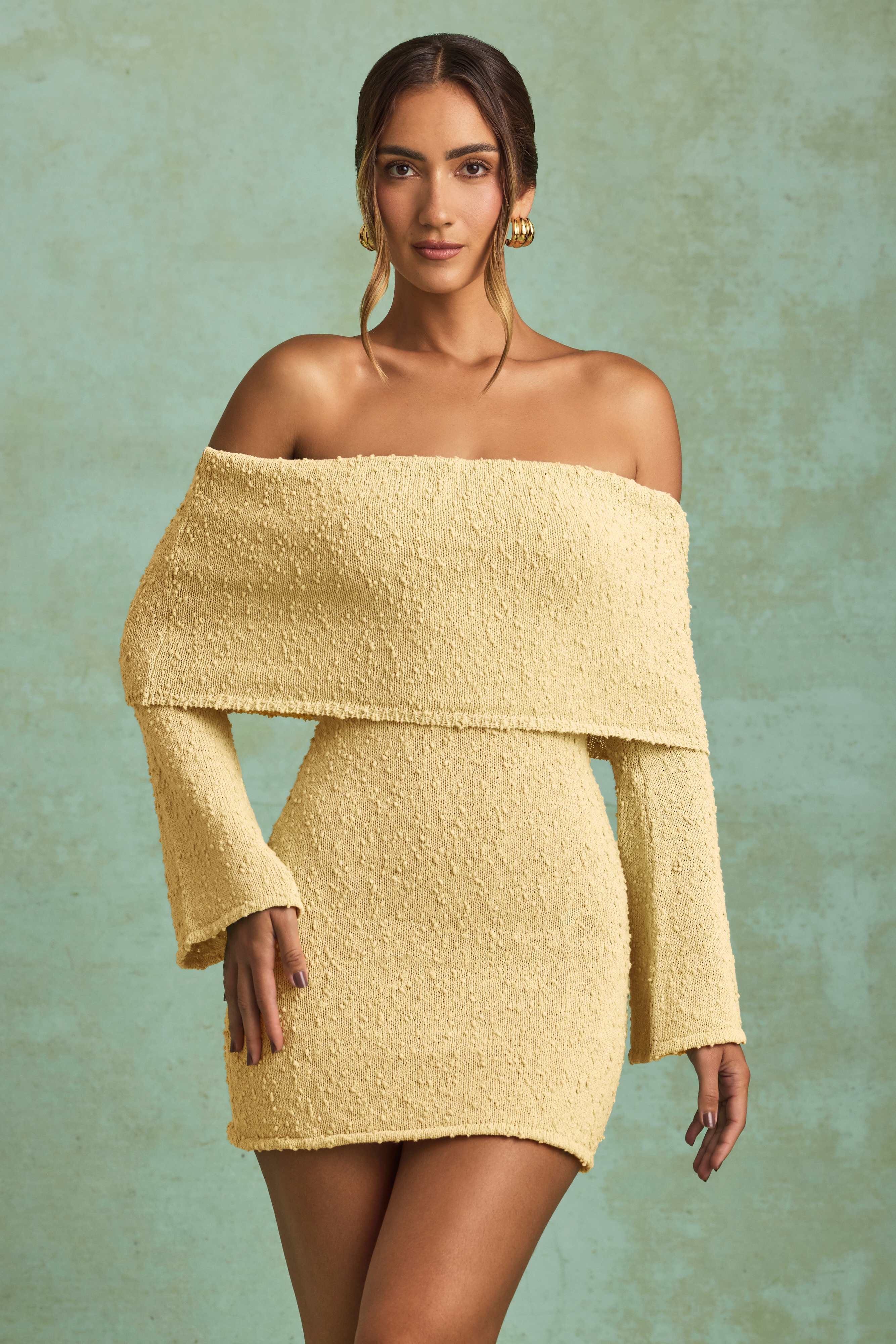 Souline-Bouclé Off-Shoulder Mini Dress in Yellow