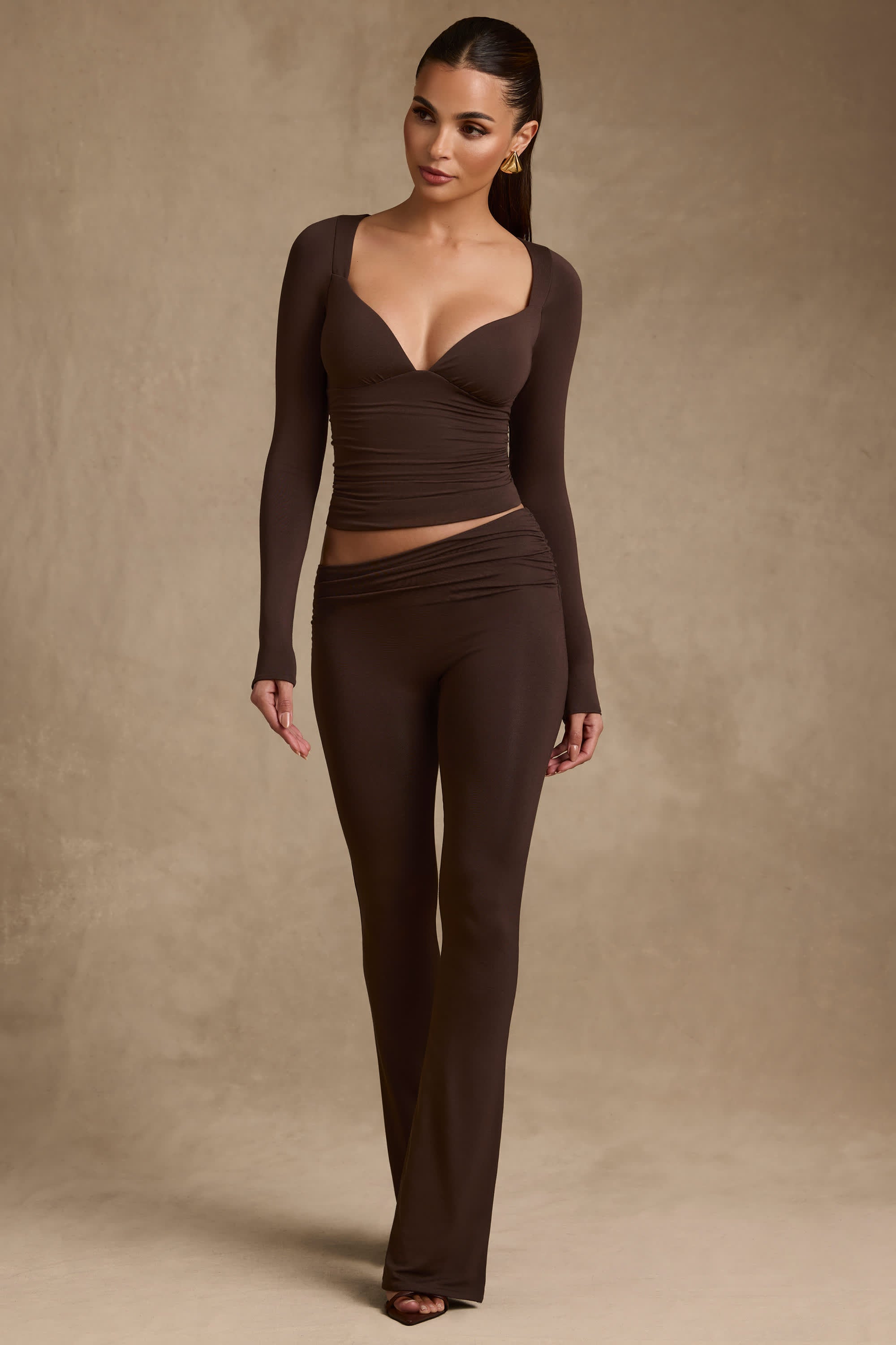 Kalei-Modal Asymmetric-Waist Flared Trousers in Chocolate Brown
