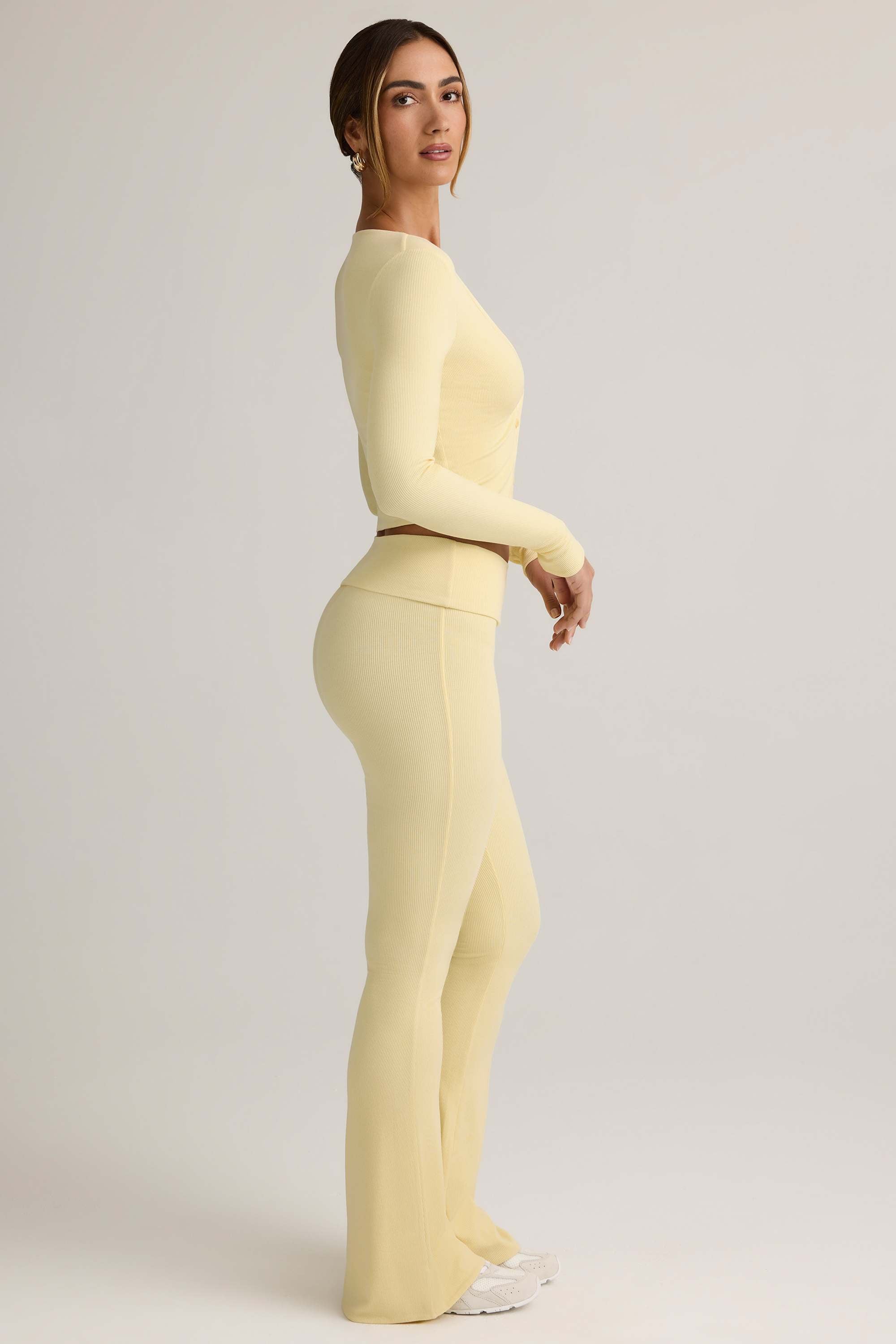 Jules-Modal Ribbed Foldover Flared Trousers in Buttercream Yellow