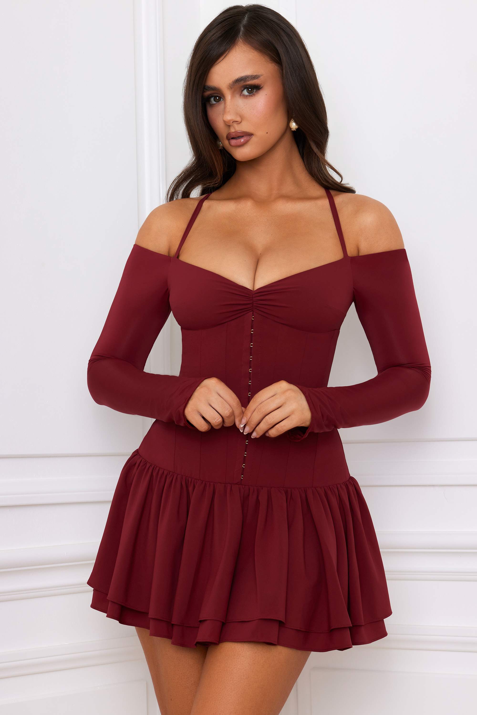 Maren-Off-Shoulder Tiered Corset Mini Dress in Berry Red