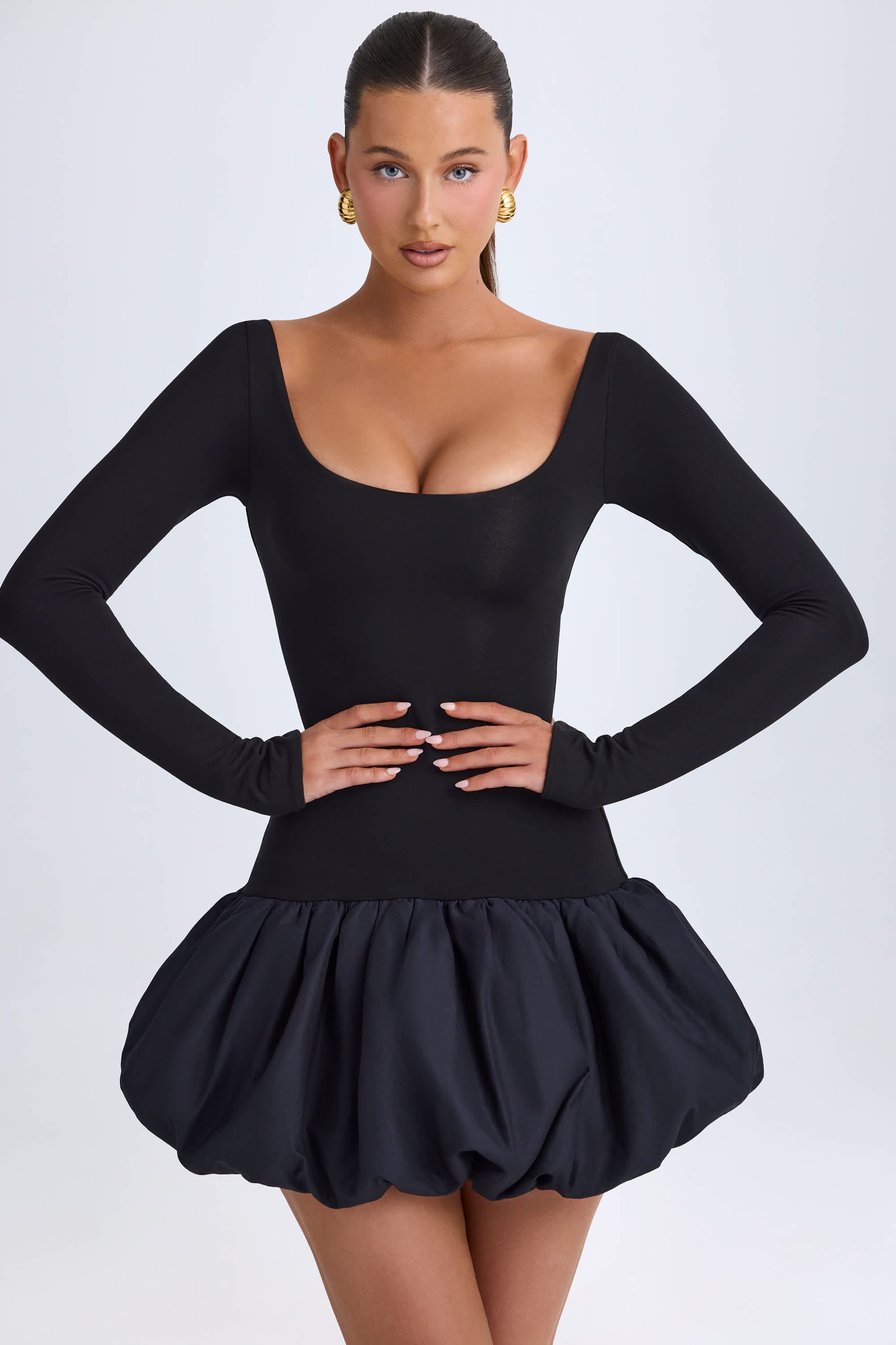 Delphi-Scoop-Neck Drop-Waist Bubble Hem Mini Dress in Black