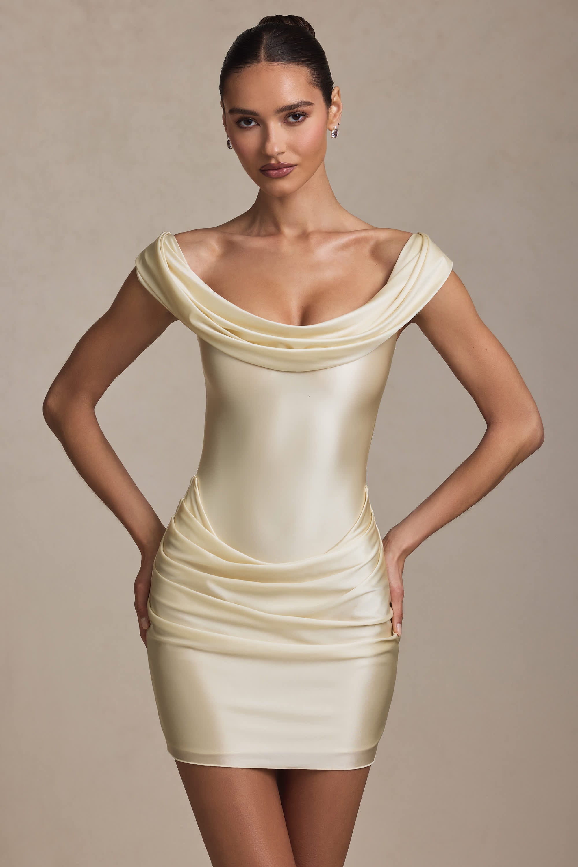 Maeve-Off-Shoulder Draped Mini Dress in Ivory