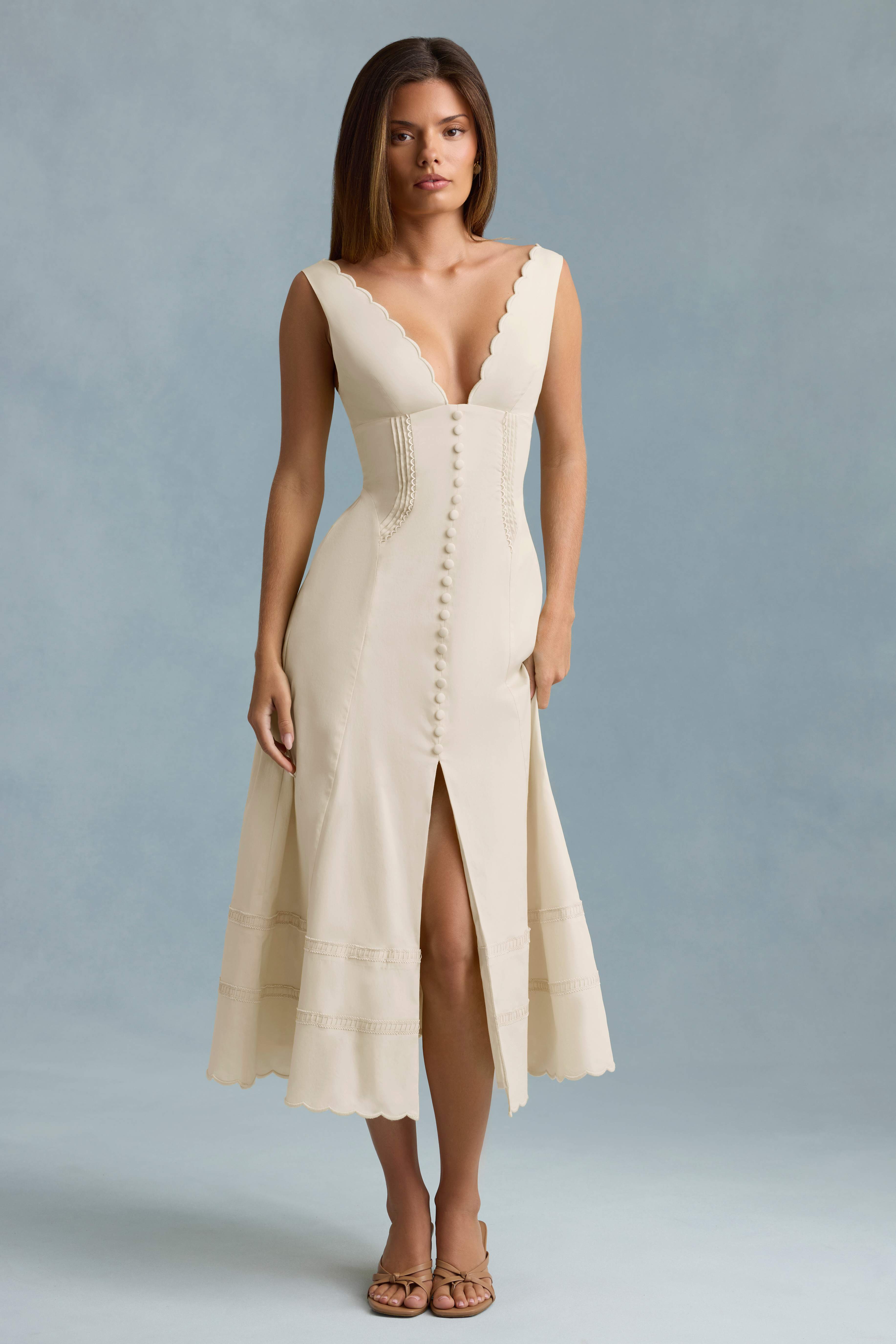 Aralisse-Cotton-Poplin A-Line Midaxi Dress in Ivory