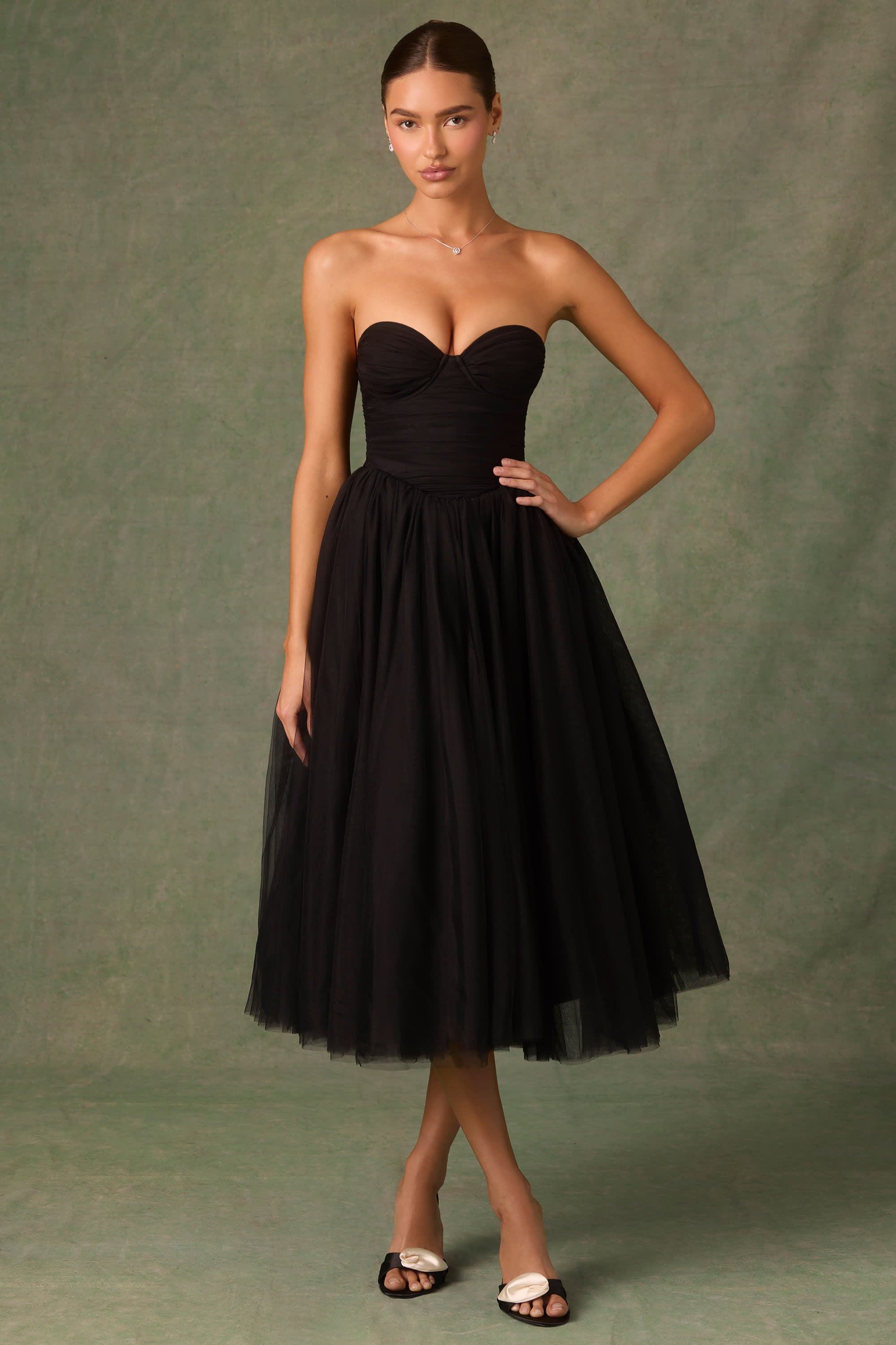 Cindy-Tulle Corset Midaxi Dress in Black