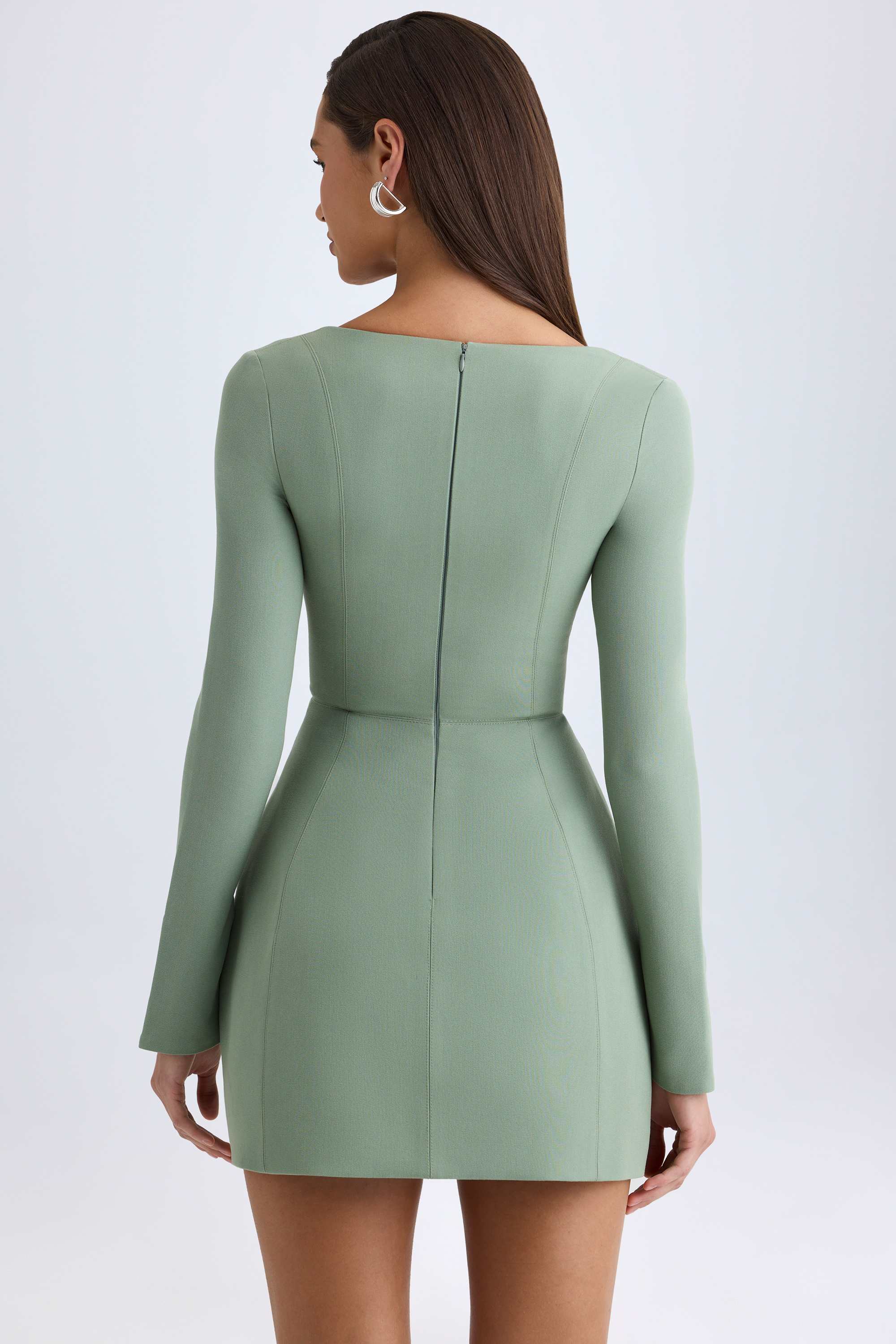 Taesha-Square-Neck Structured Tulip Mini Dress in Khaki Green