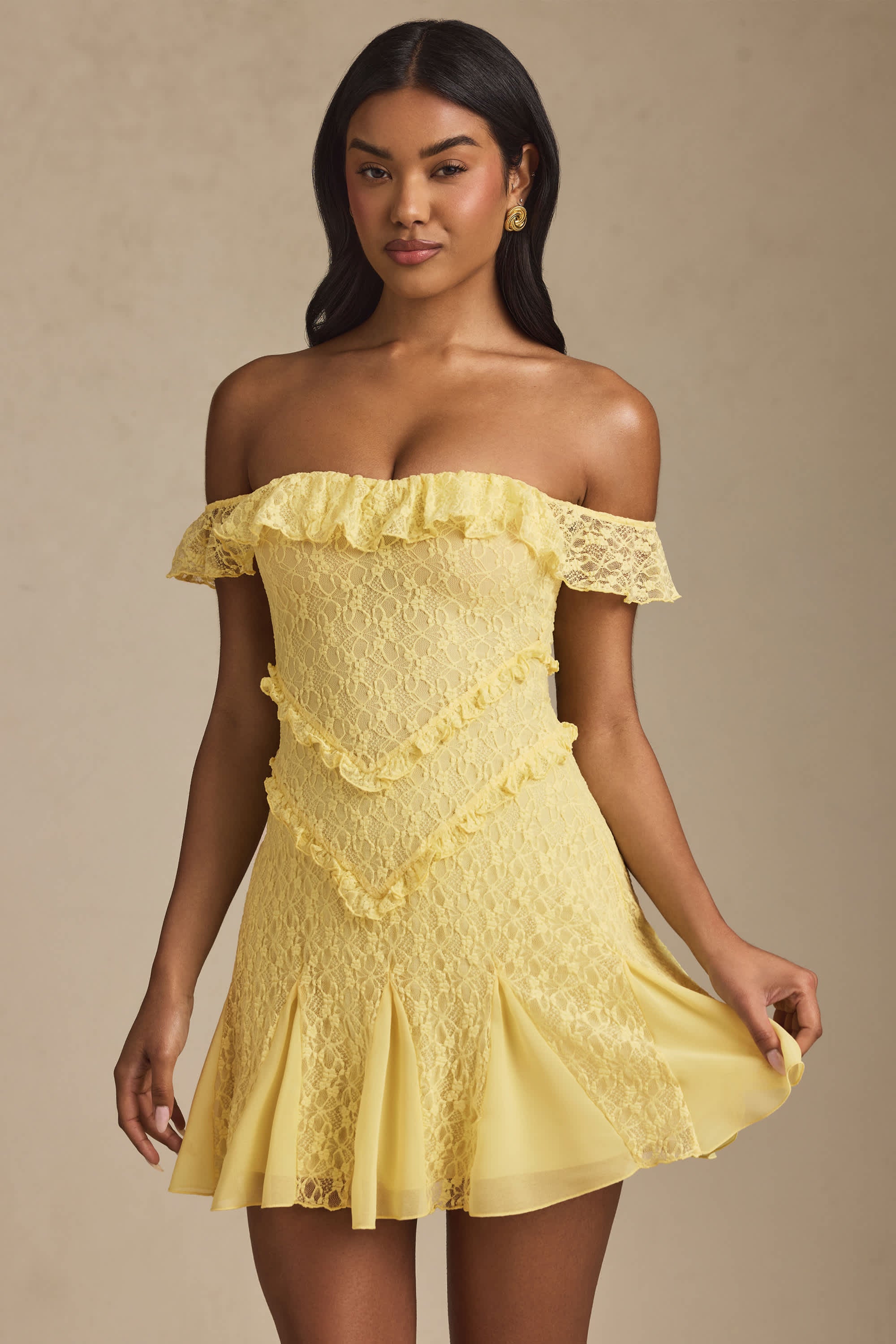 Nahida-Off-Shoulder Lace A-Line Mini Dress in Pastel Yellow