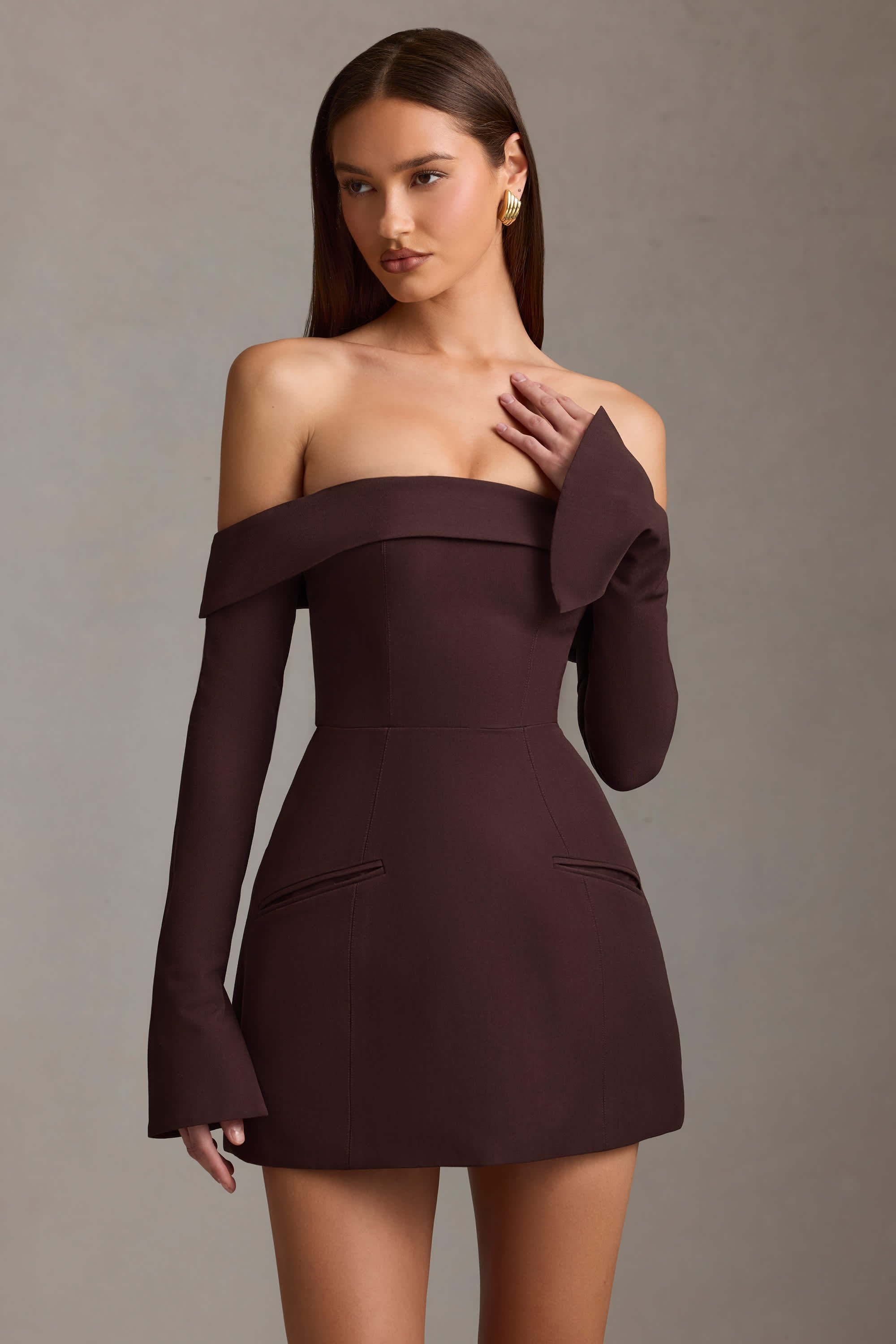 Seraphina-Off-Shoulder Structured A-Line Mini Dress in Chocolate Brown