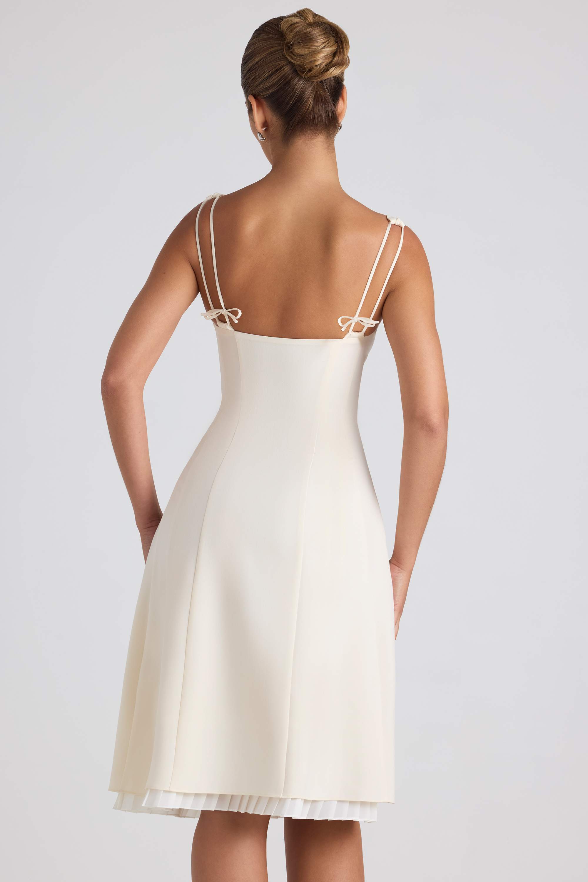 Isadora-Bow-Detail Pleated A-Line Midi Dress in Ivory