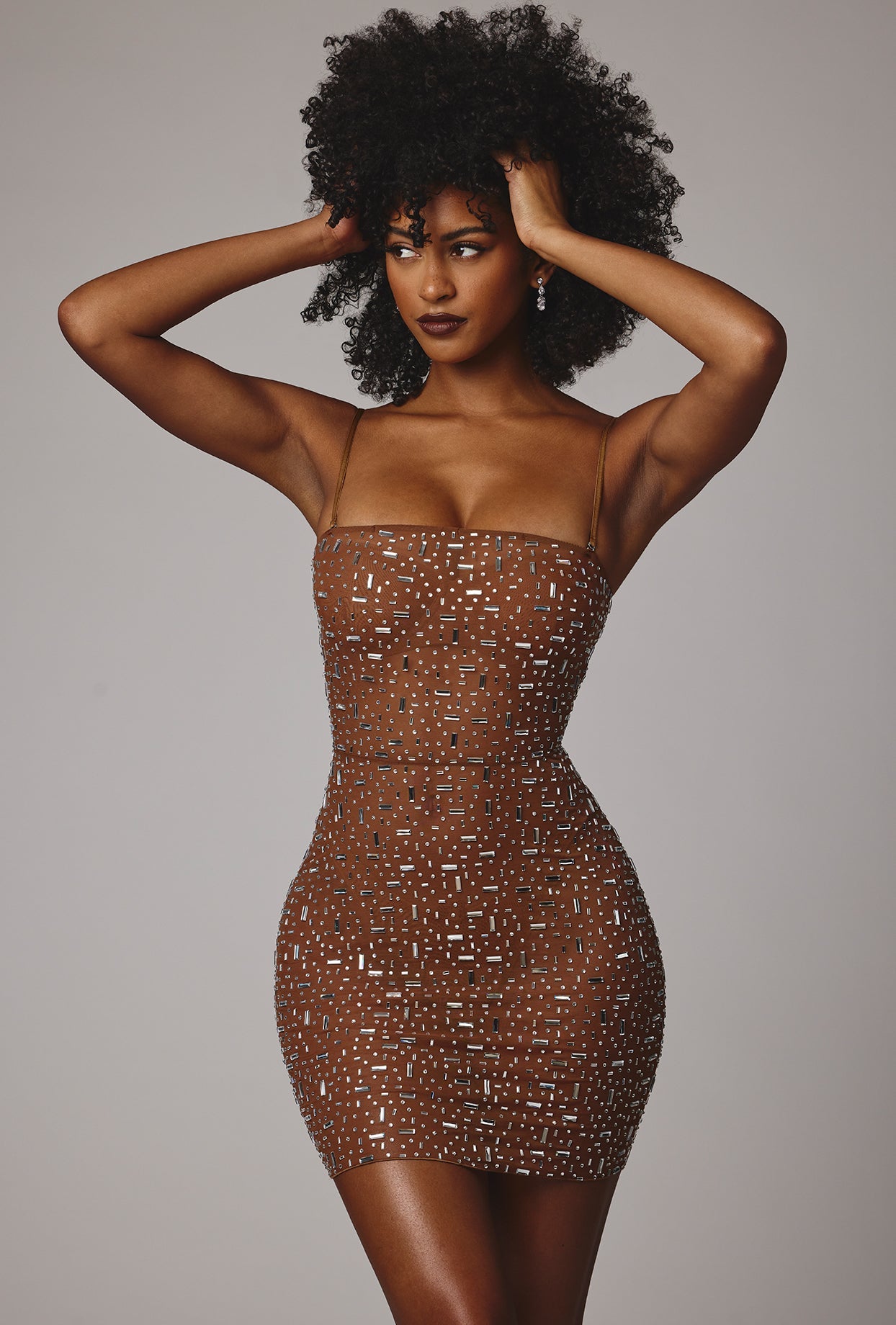 Caprice-Sheer Embellished Bodycon Mini Dress in Mocha
