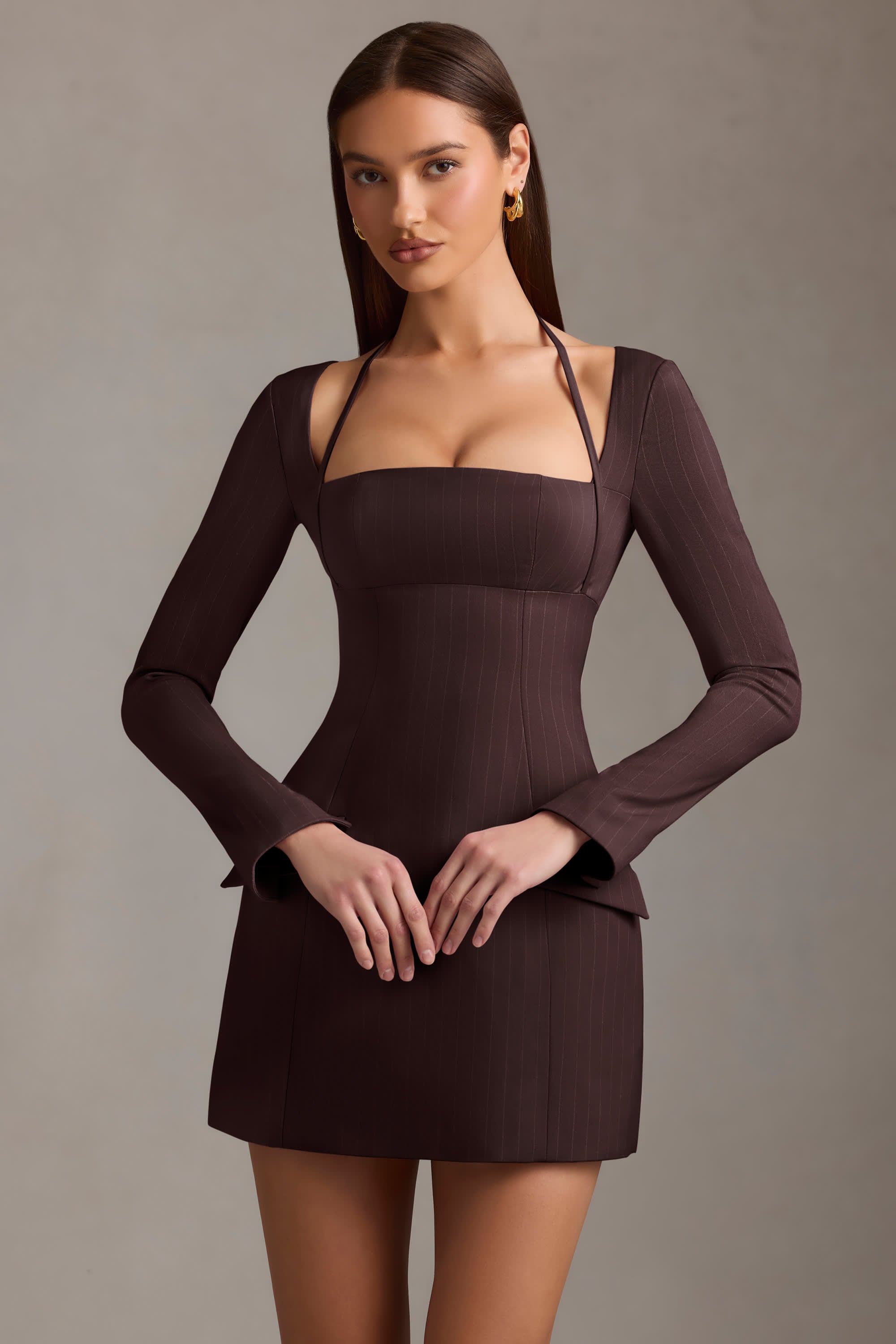 Ksenia-Pinstripe Structured A-Line Mini Dress in Chocolate Brown