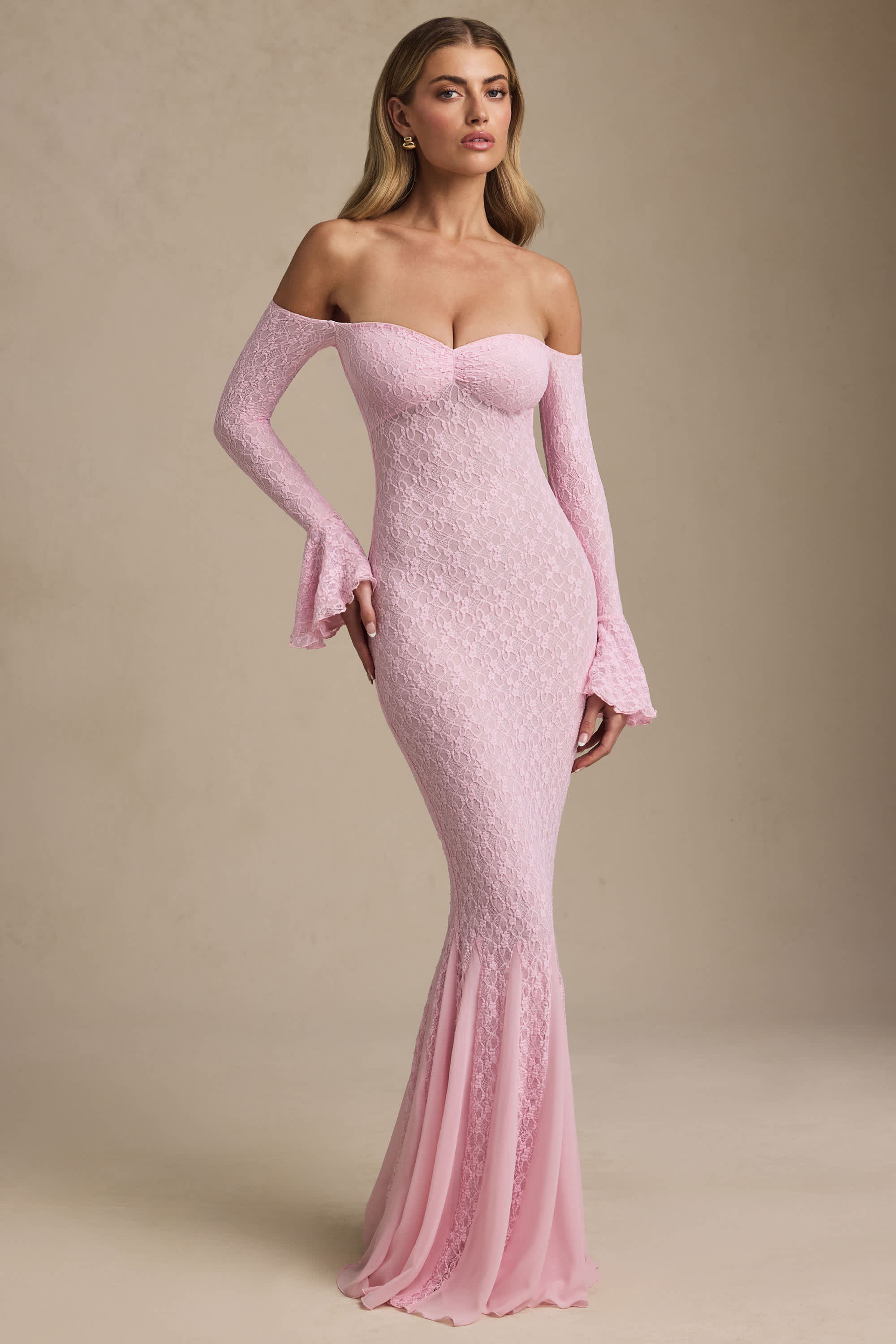 Verena-Off-Shoulder Ruffle Lace Maxi Dress in Soft Pink