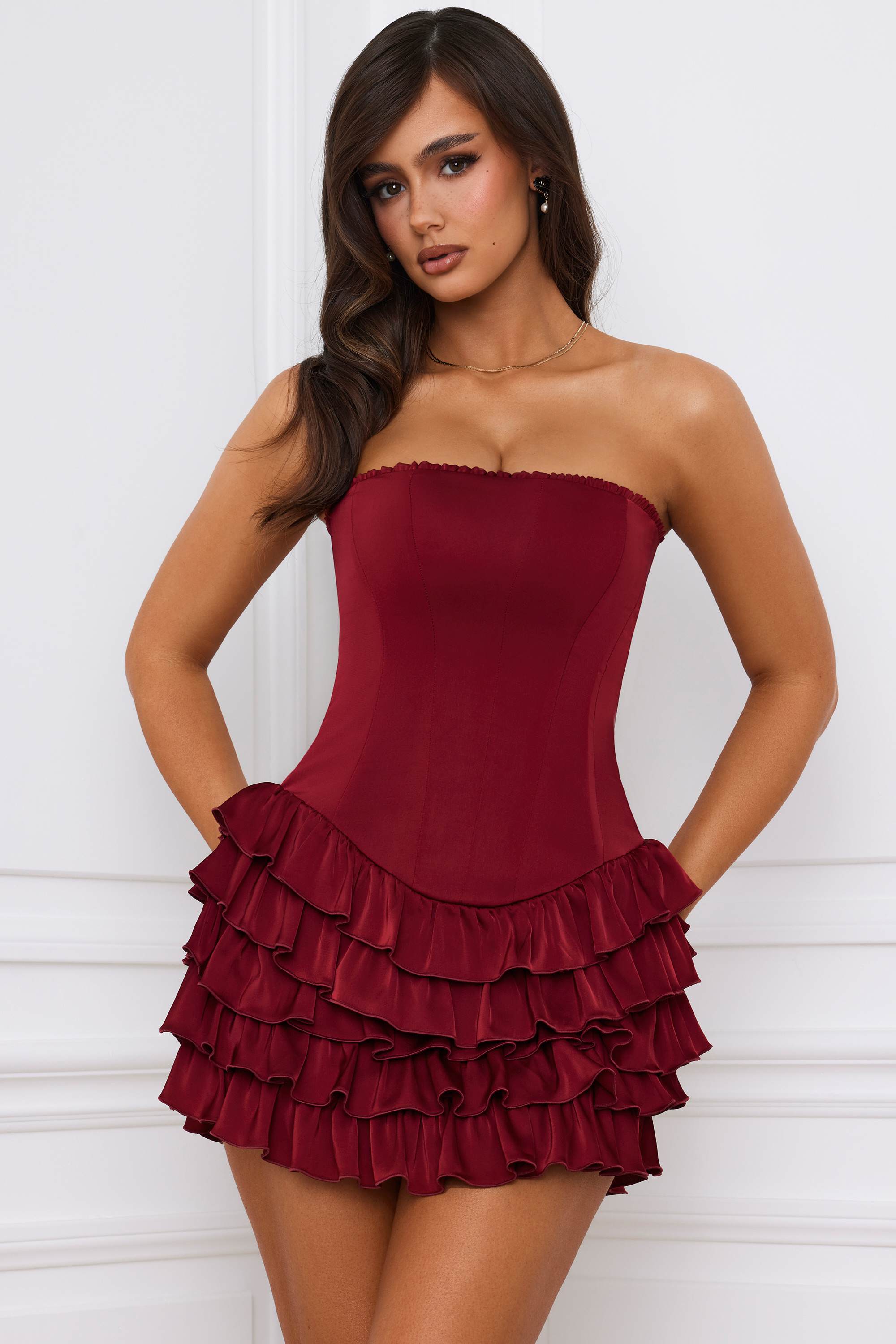 Juliet-Bandeau Ruffled Tiered Corset Mini Dress in Berry Red