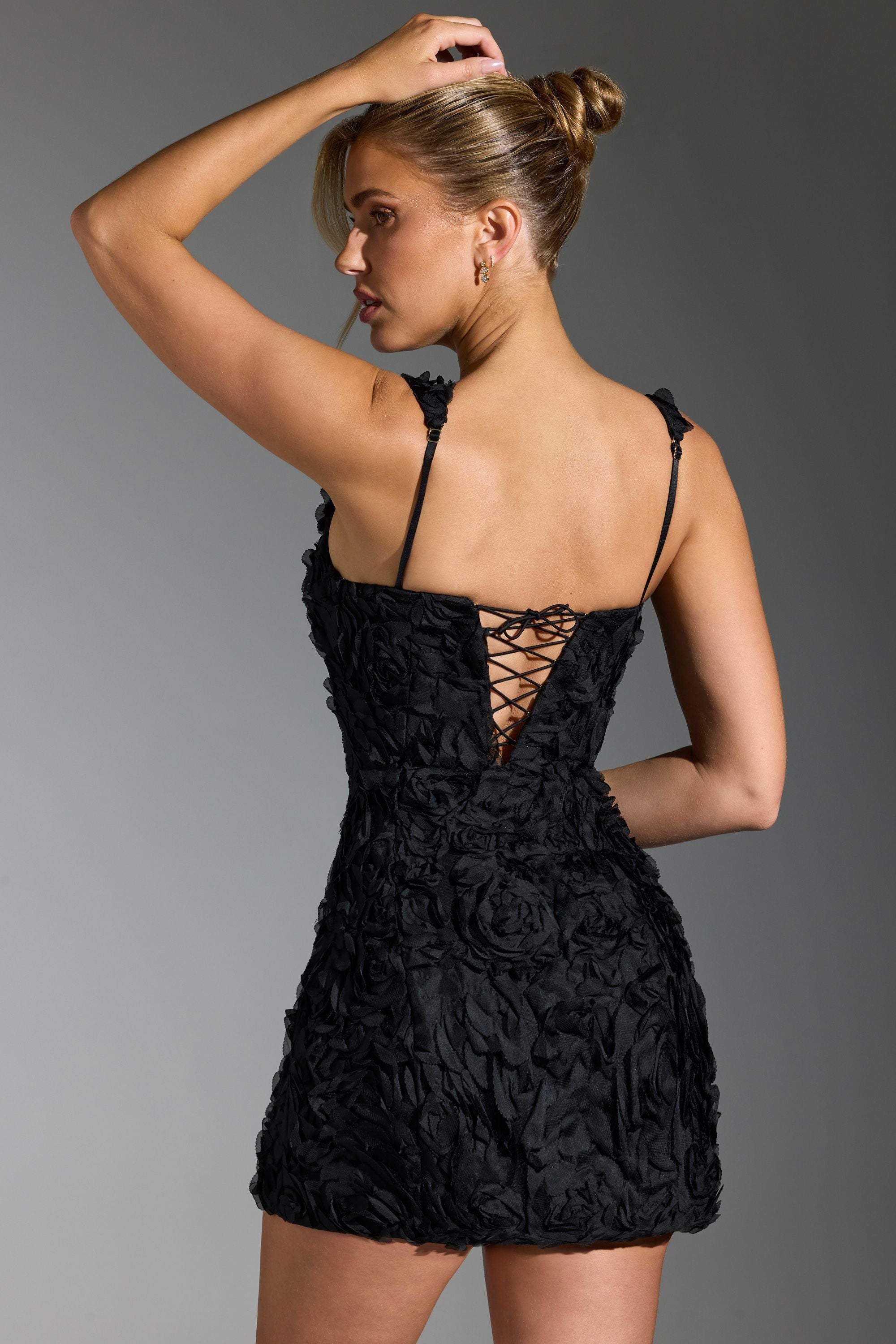 Posy-Floral-Appliqué Corset Mini Dress in Black