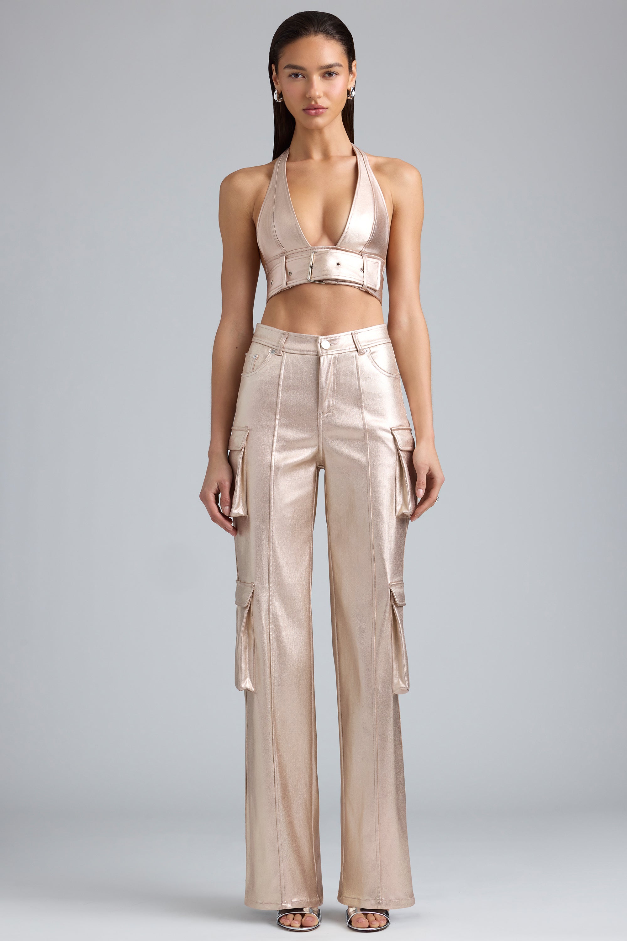 Riley-Metallic Denim Cargo Trousers in Champagne