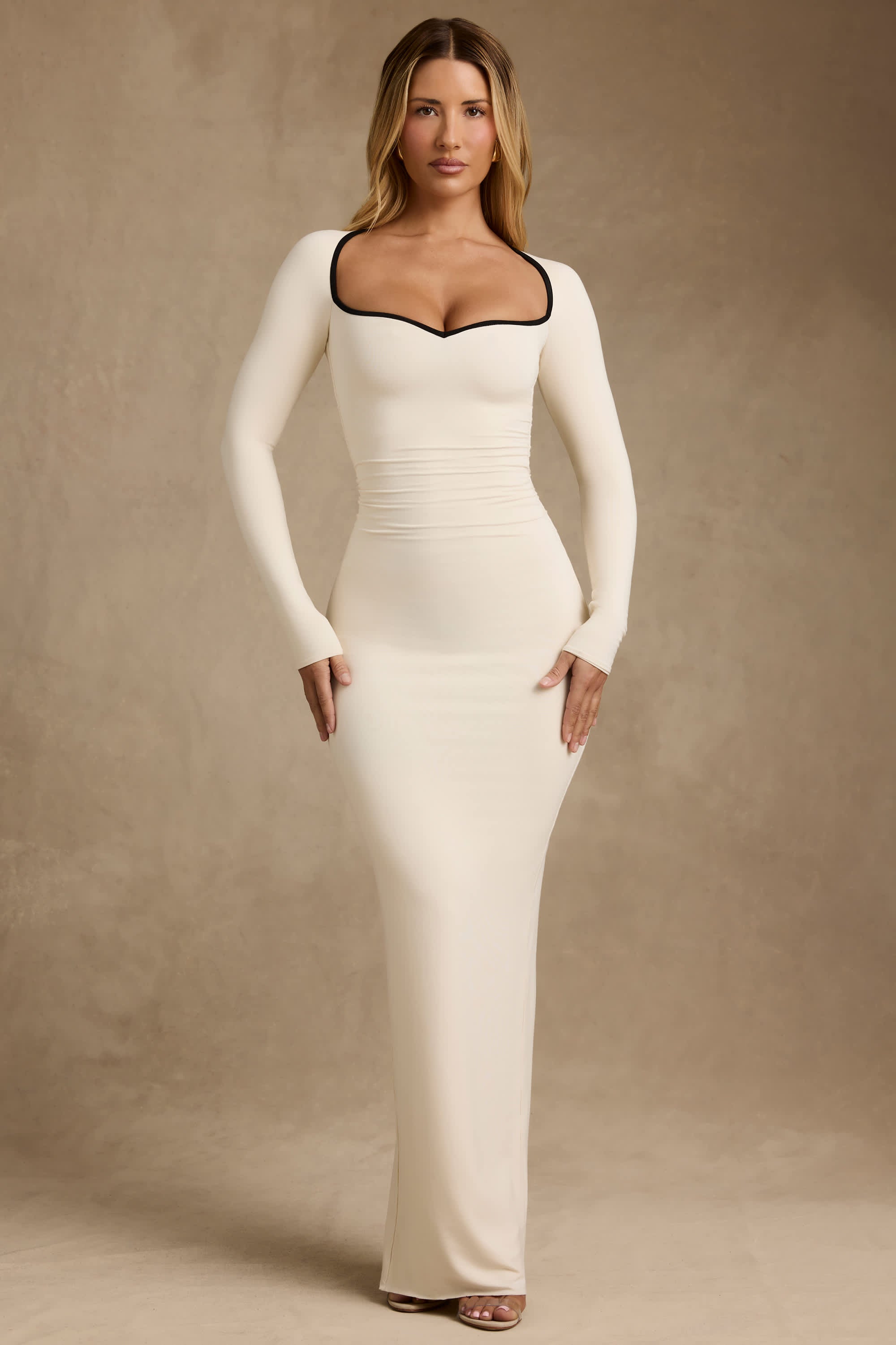 Ginette-Modal Contrast-Trim Maxi Dress in Ivory