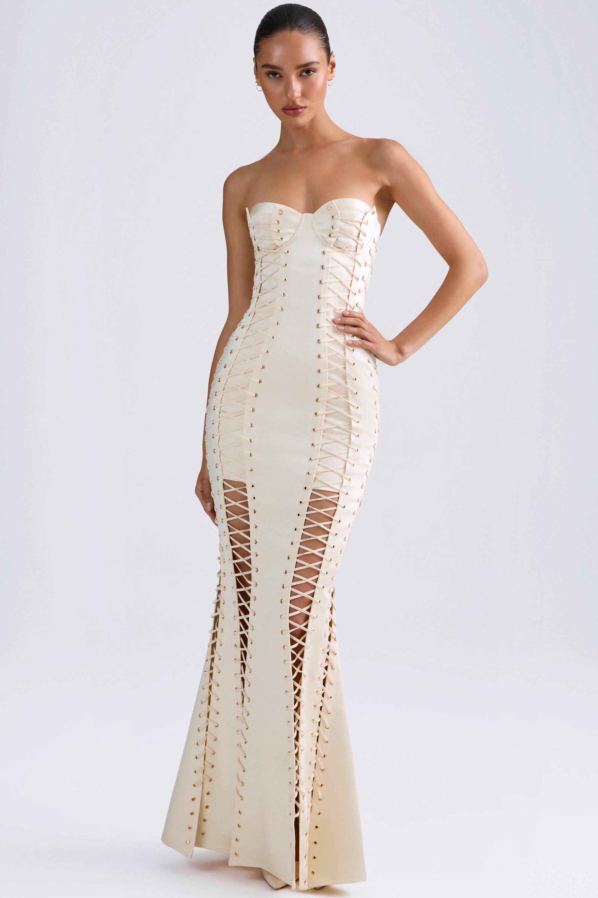 Callidora-Lace-Up Corset Gown in Ivory