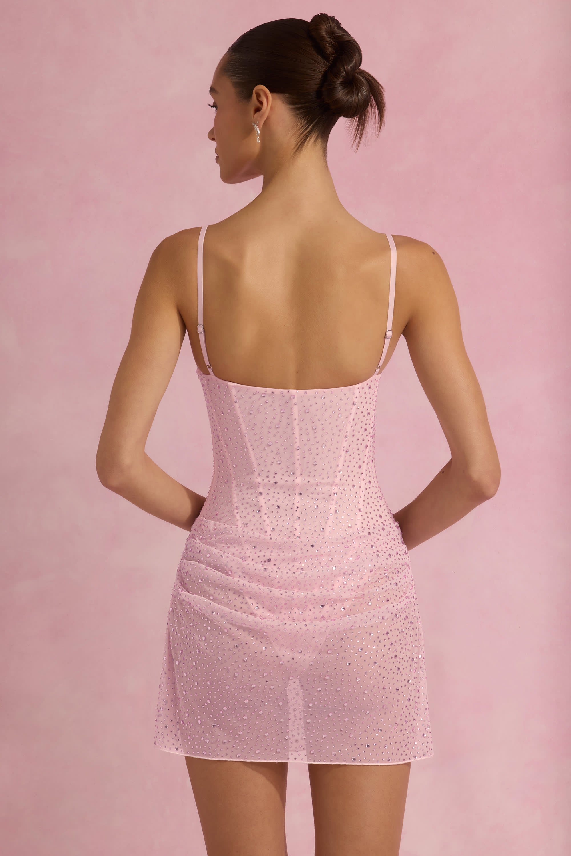 Connie-Semi-Sheer Embellished Draped Corset Mini Dress in Pink