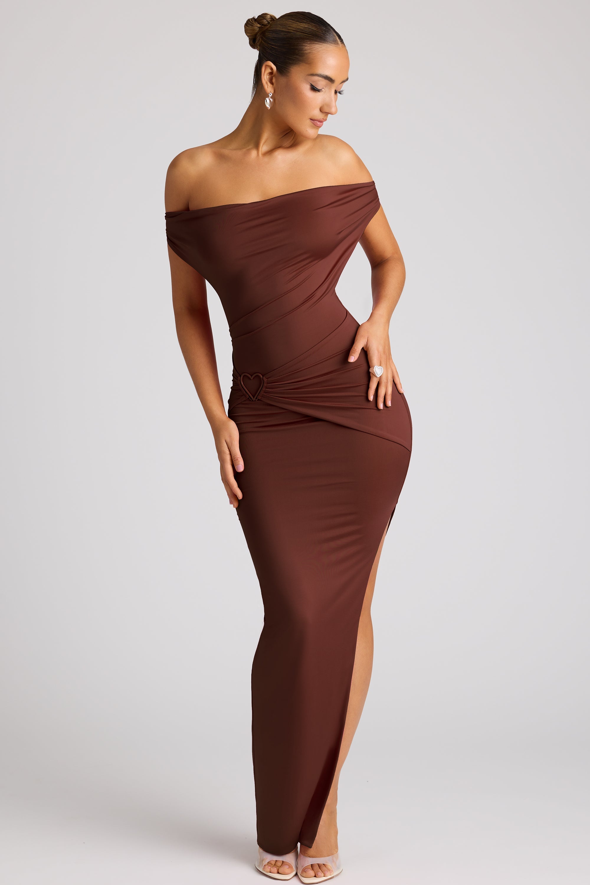 Ravenna-Multiwear Cowl Neck Wrap Over Evening Gown in Chocolate Brown