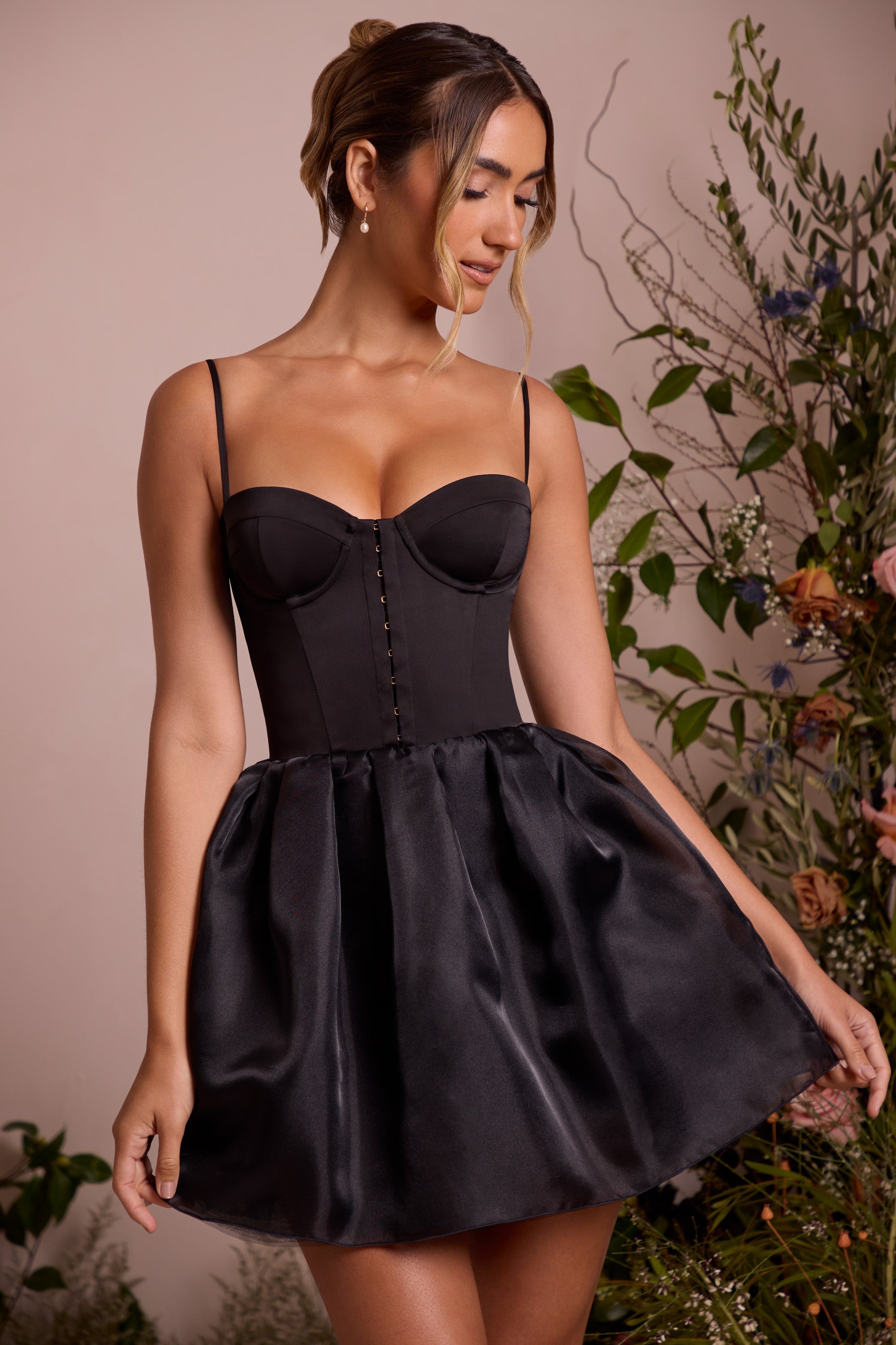 Floriane-Tulle Skirt Corset Mini Dress in Black