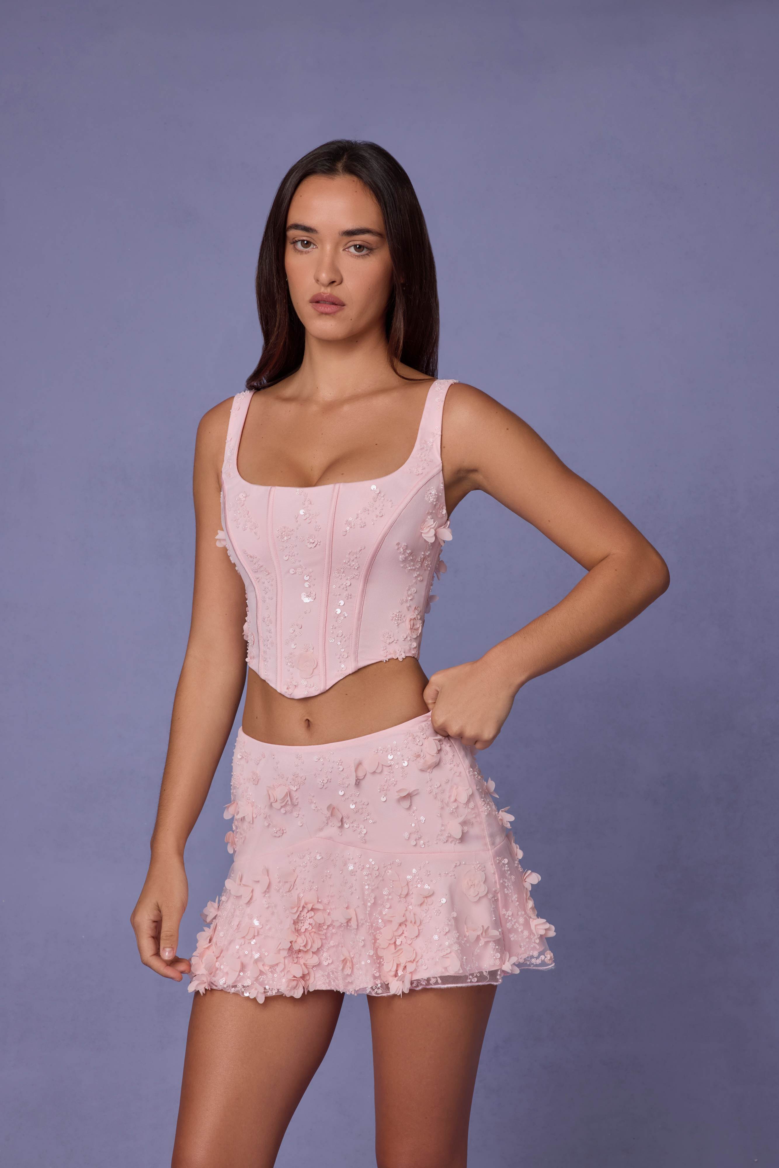 Letitia-Embellished Lace-Up Corset Top in Soft Pink