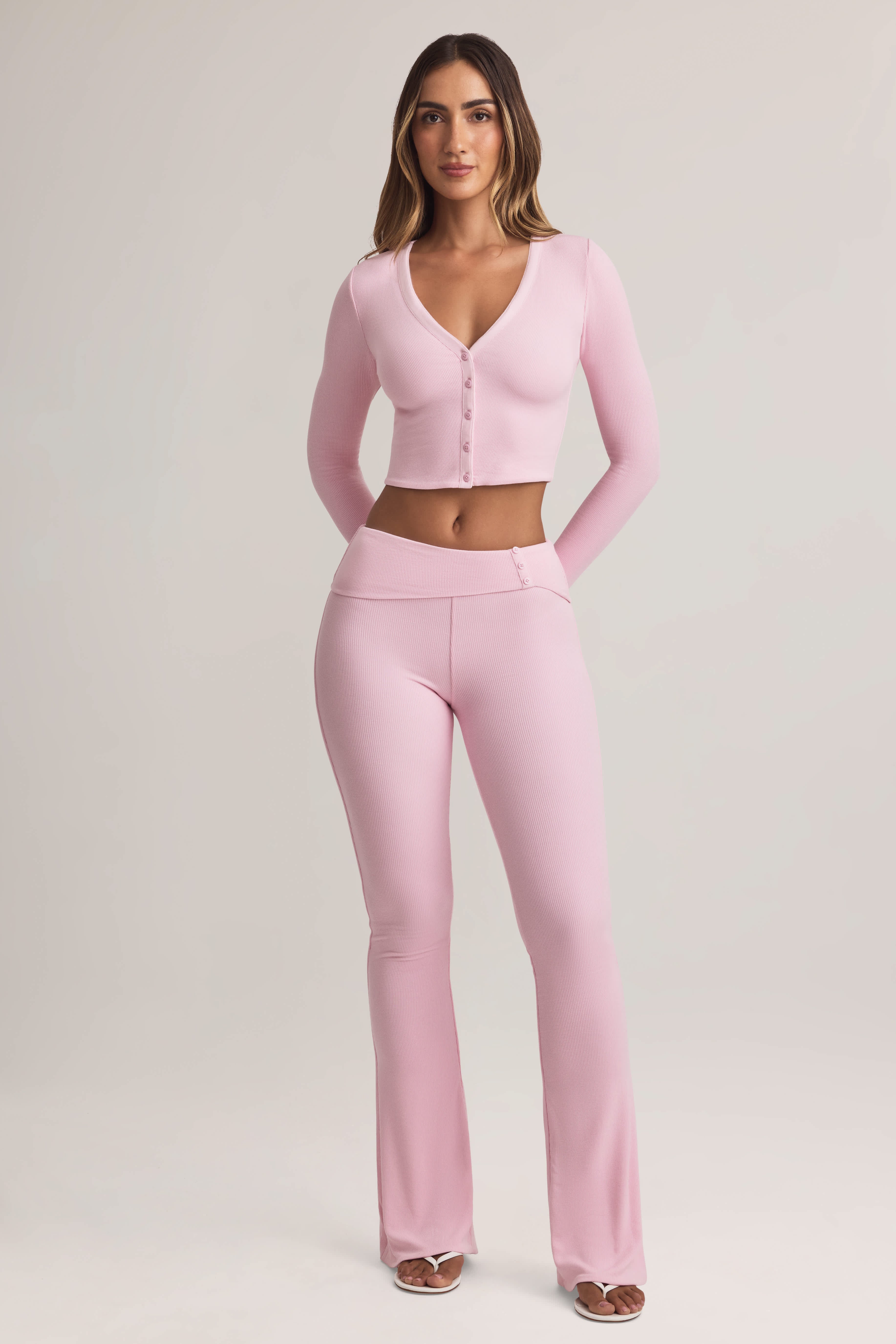 Bebe-Modal Foldover Mid-Rise Flared Trousers in Pastel Pink
