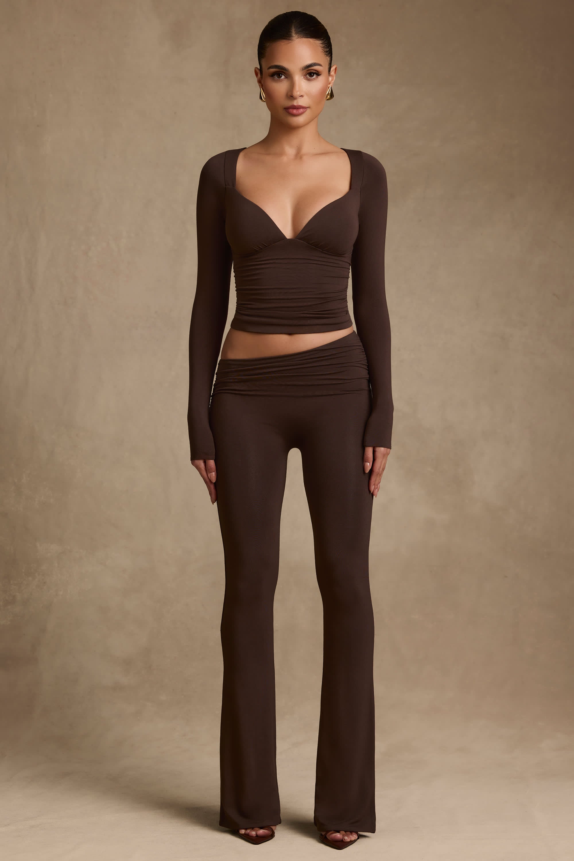 Kalei-Modal Asymmetric-Waist Flared Trousers in Chocolate Brown