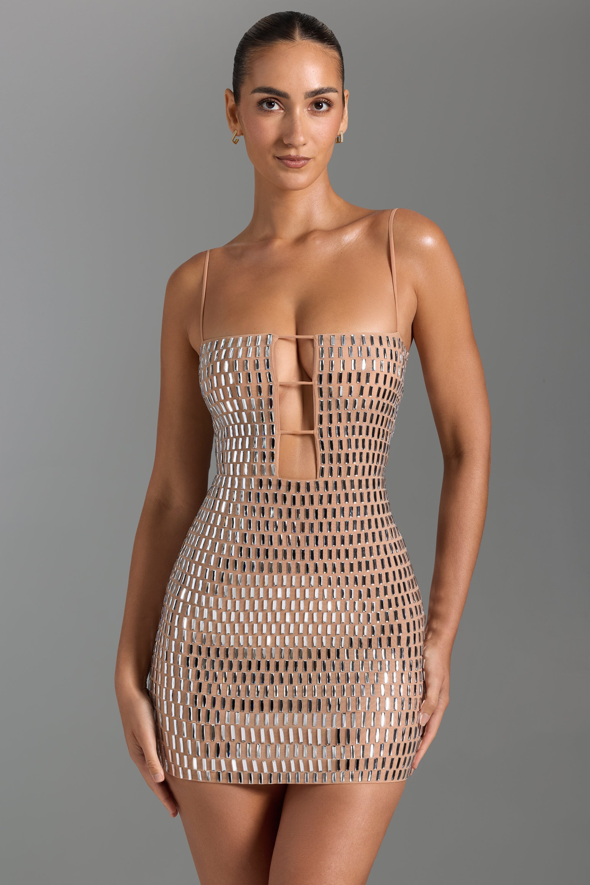 Alanni-Embellished Cut-Out Mini Dress in Honey