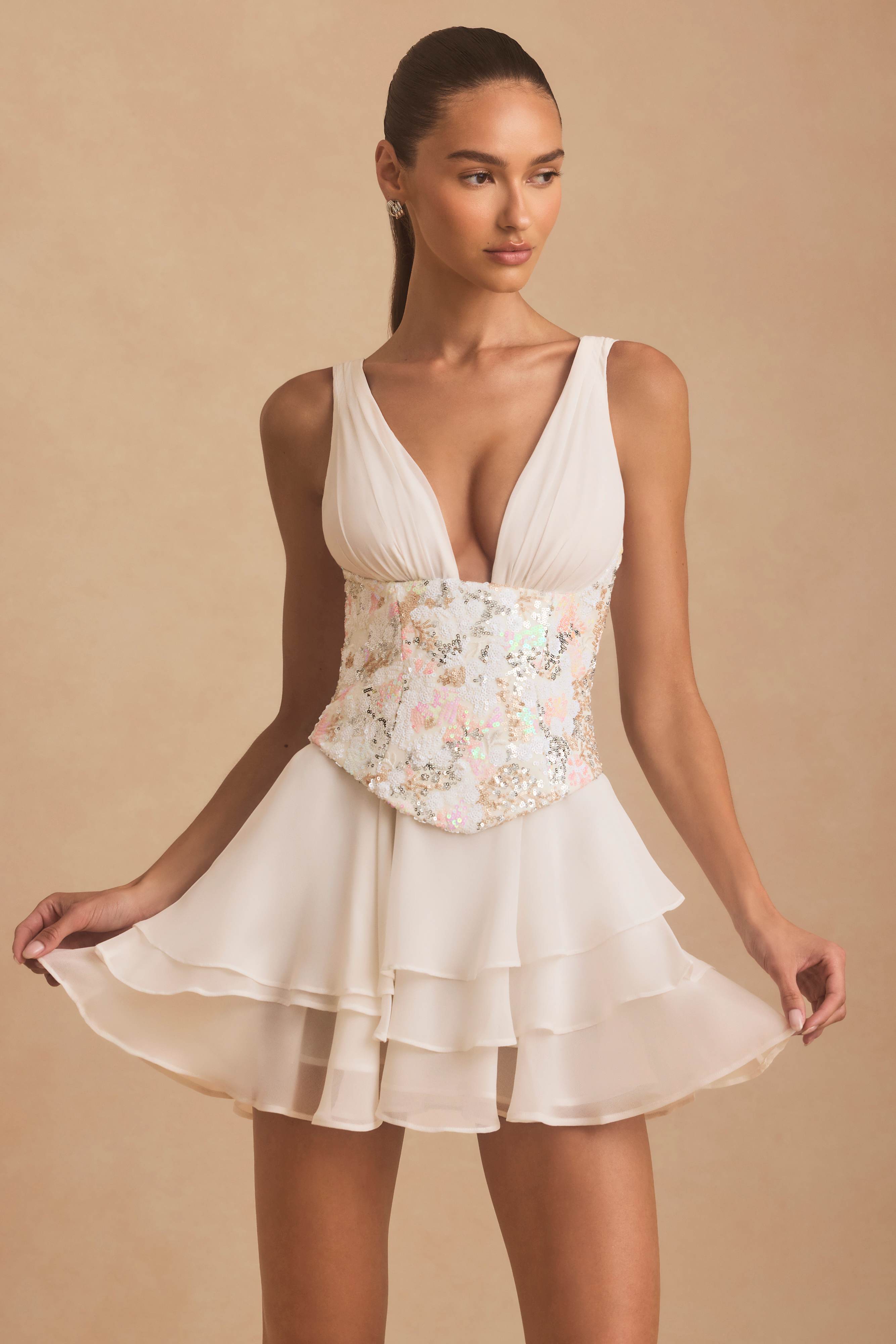 Sakura-Embellished Ruffled Corset Mini Dress in Ivory