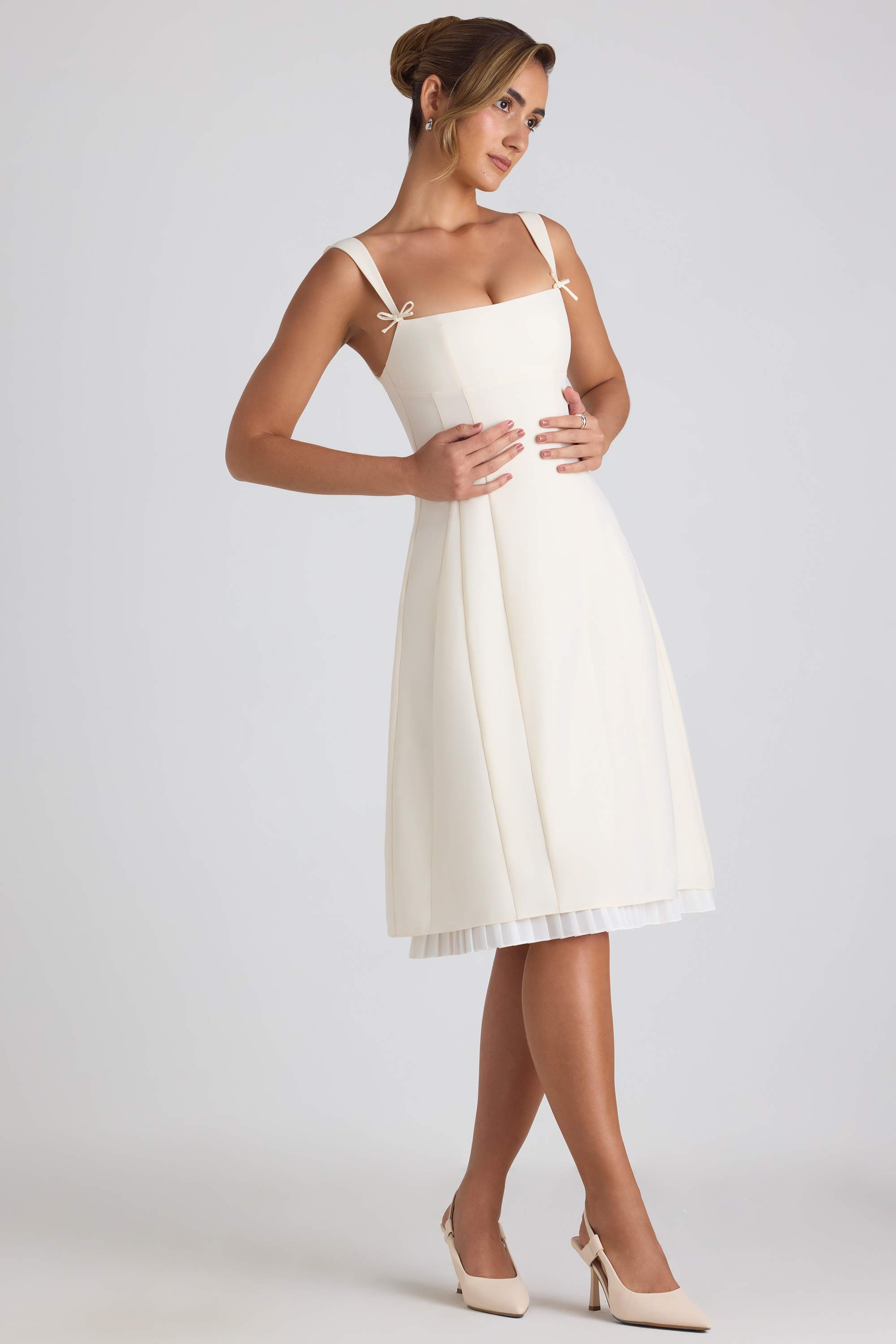Isadora-Bow-Detail Pleated A-Line Midi Dress in Ivory
