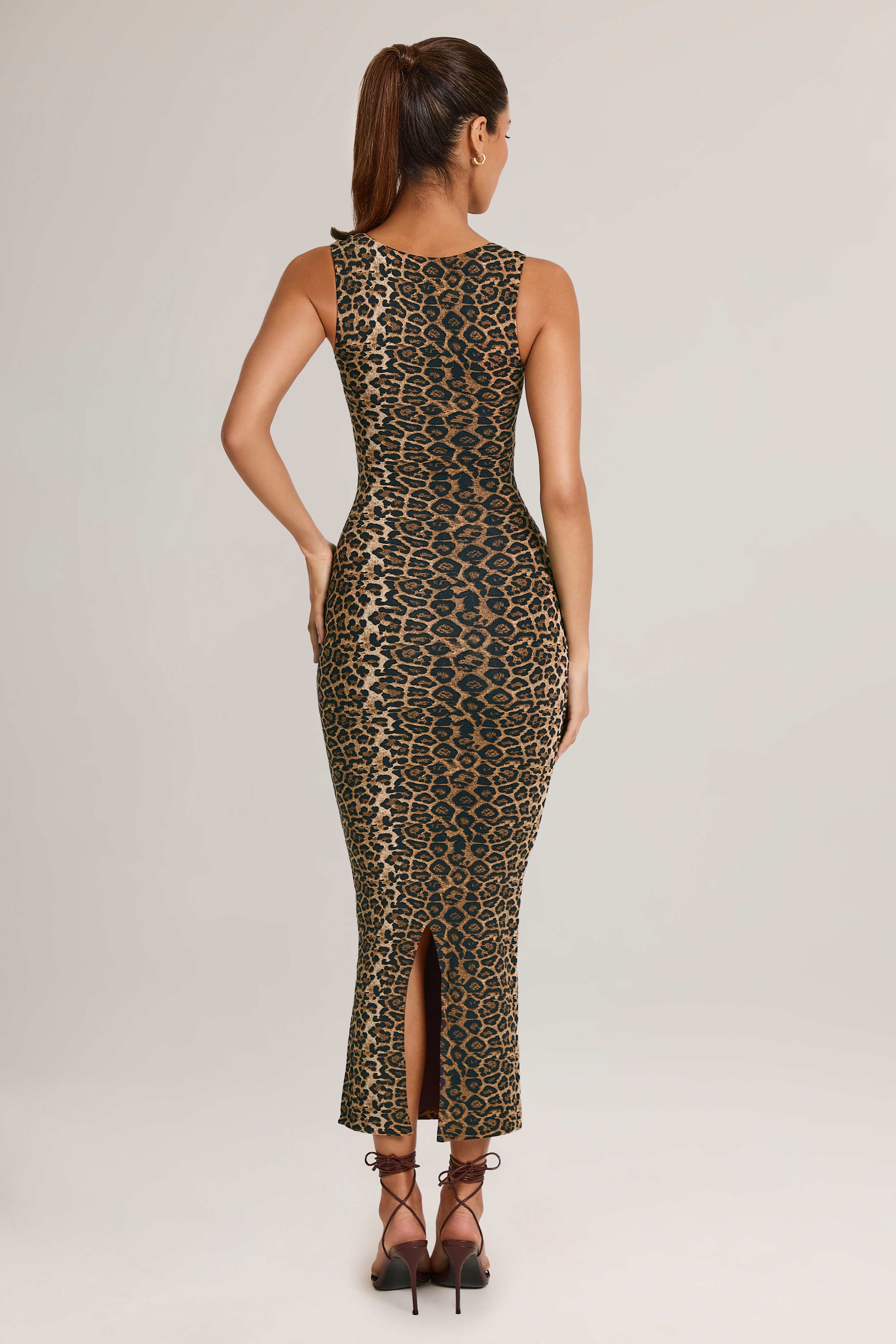 Ainslee-Modal Square-Neck Bodycon Midi Dress in Leopard Print
