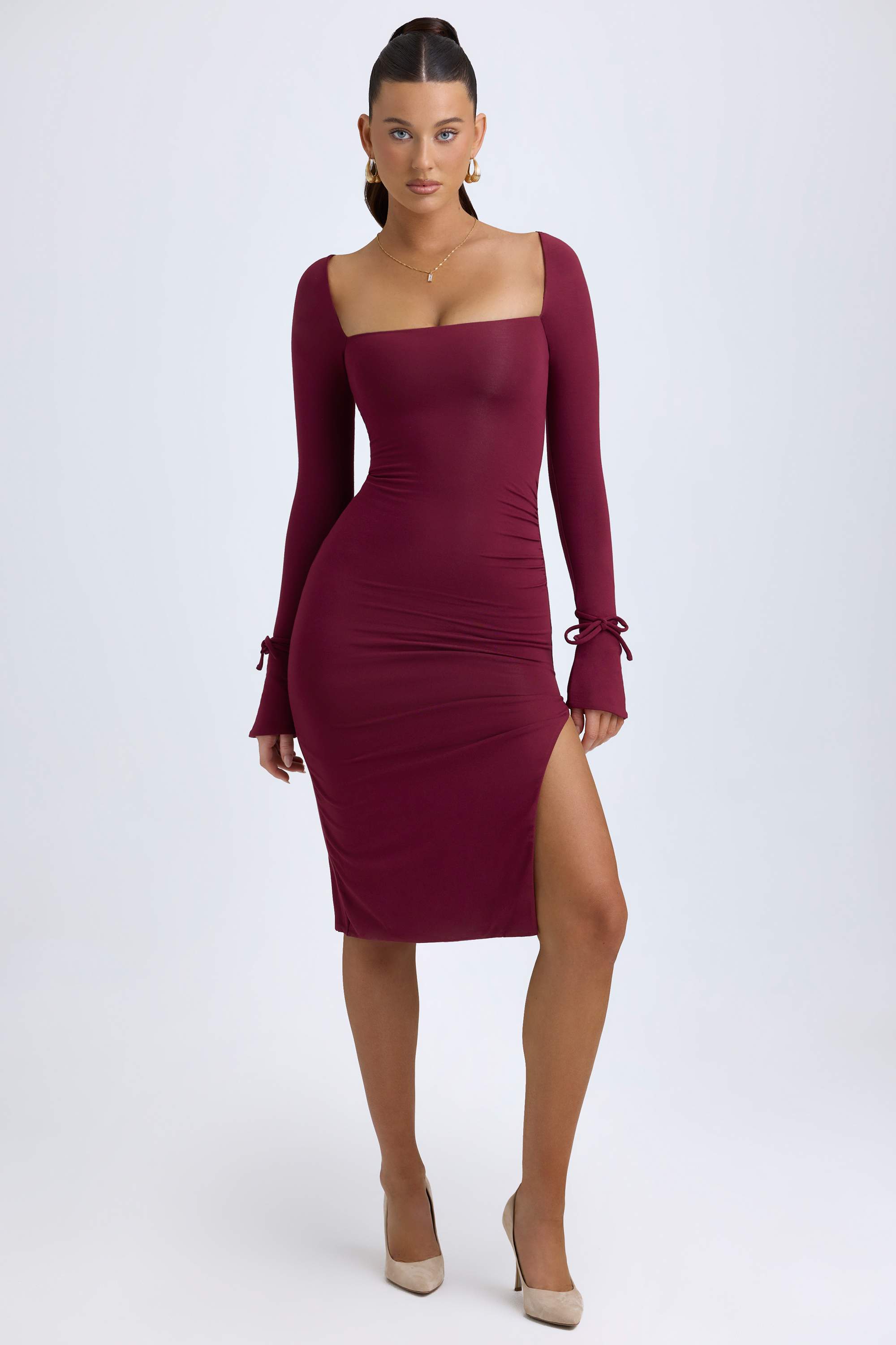 Sawyer-Modal Square-Neck Midi Dress in Wine Red