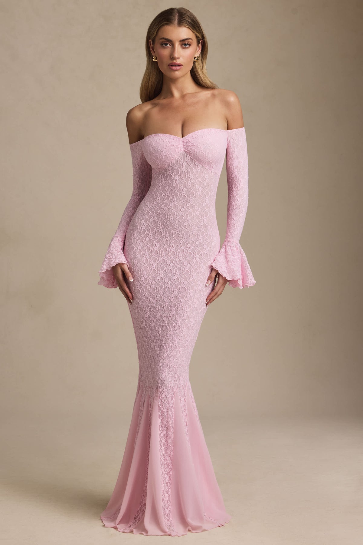 Verena-Off-Shoulder Ruffle Lace Maxi Dress in Soft Pink
