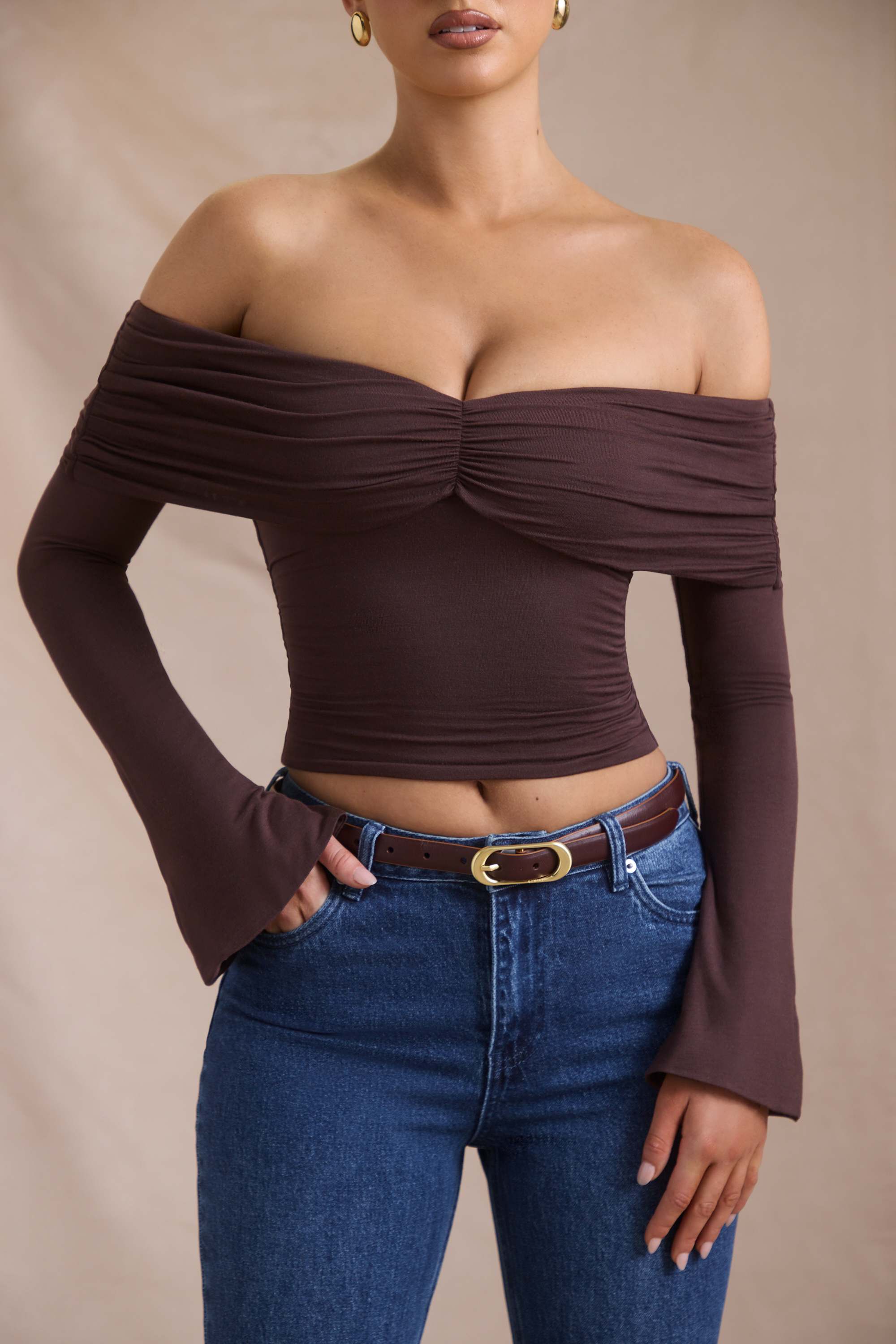 Pavni-Modal-Cashmere Blend Off-Shoulder Ruched Top in Espresso