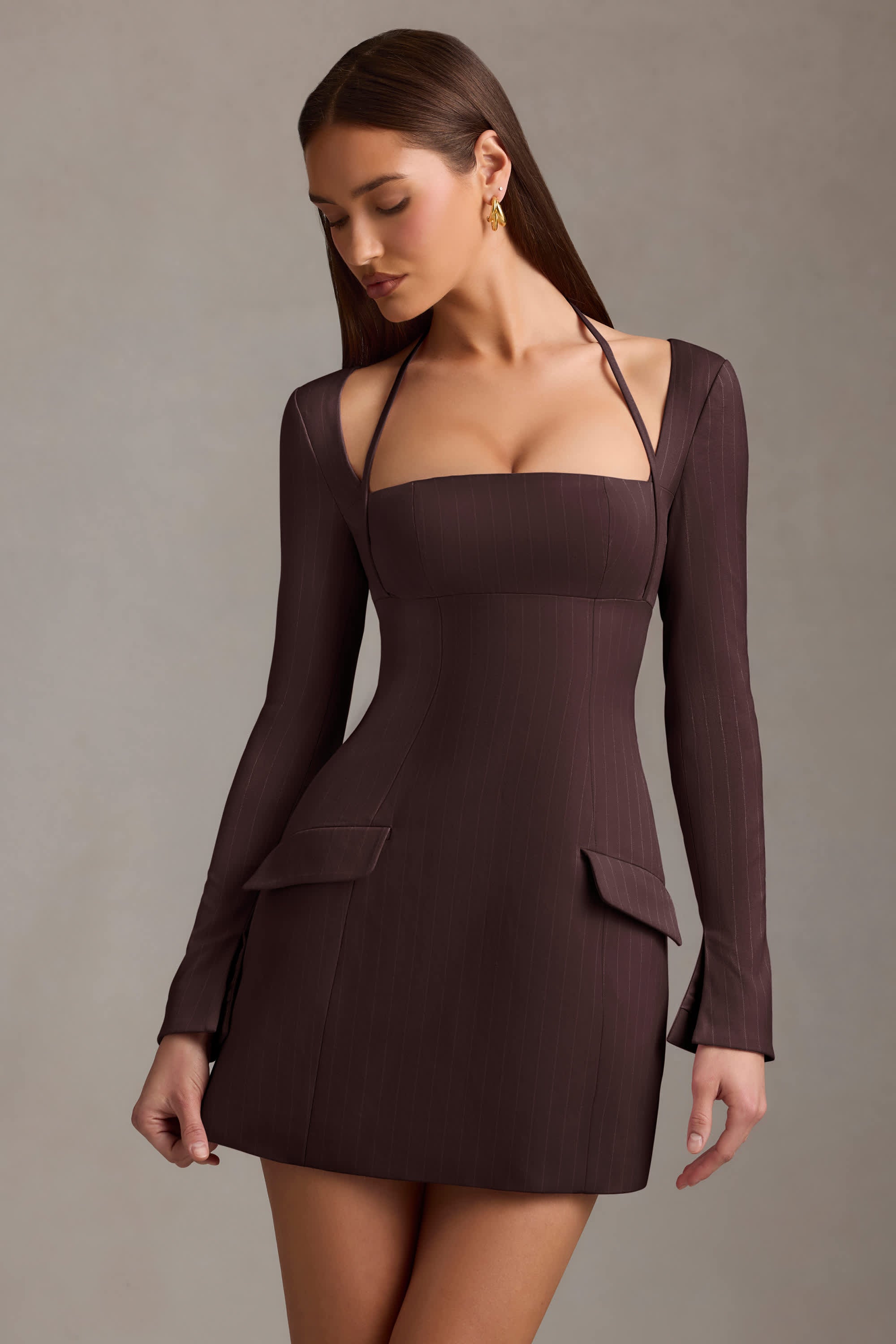Ksenia-Pinstripe Structured A-Line Mini Dress in Chocolate Brown