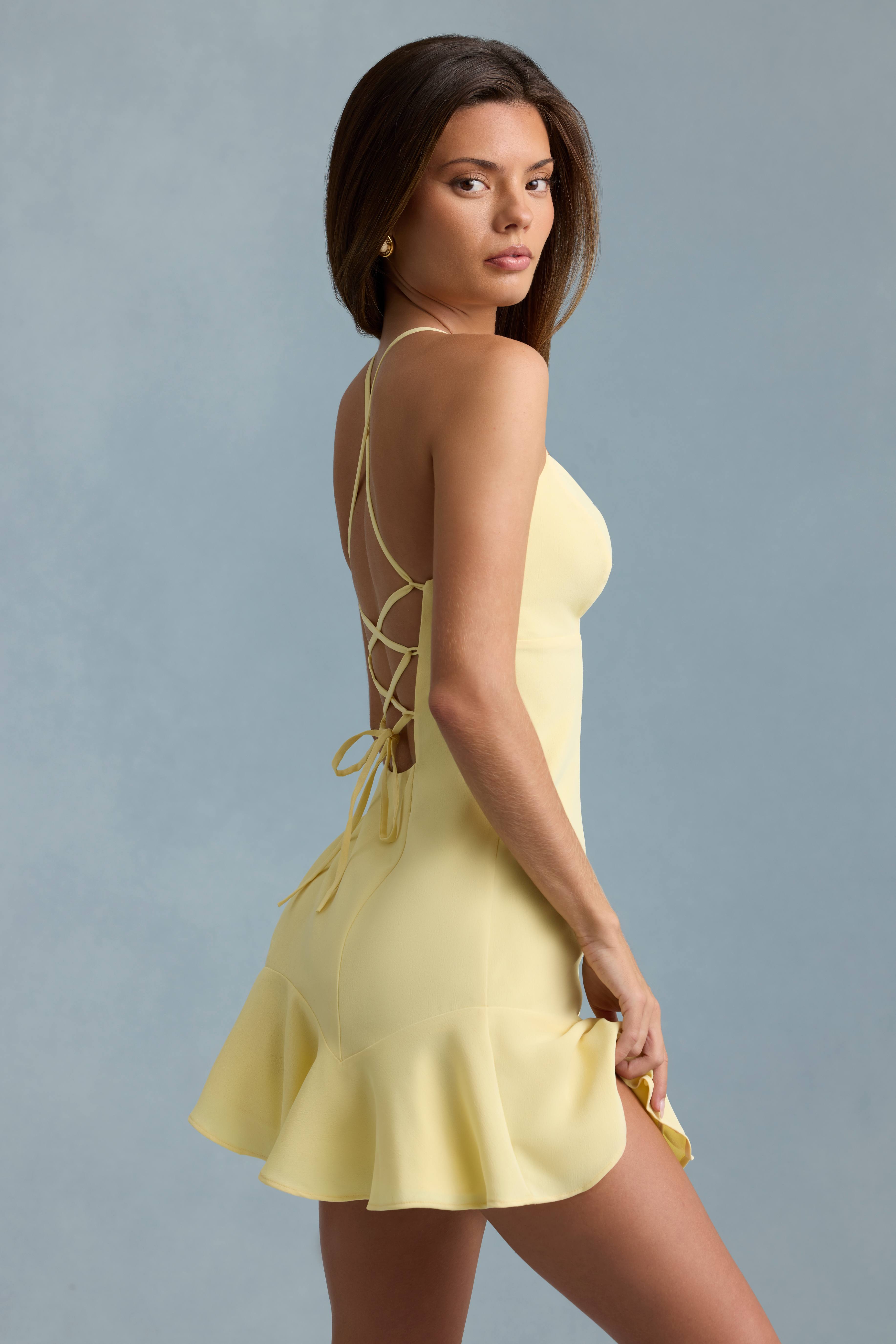 Daria-Drop-Waist Lace-Up Mini Dress in Yellow