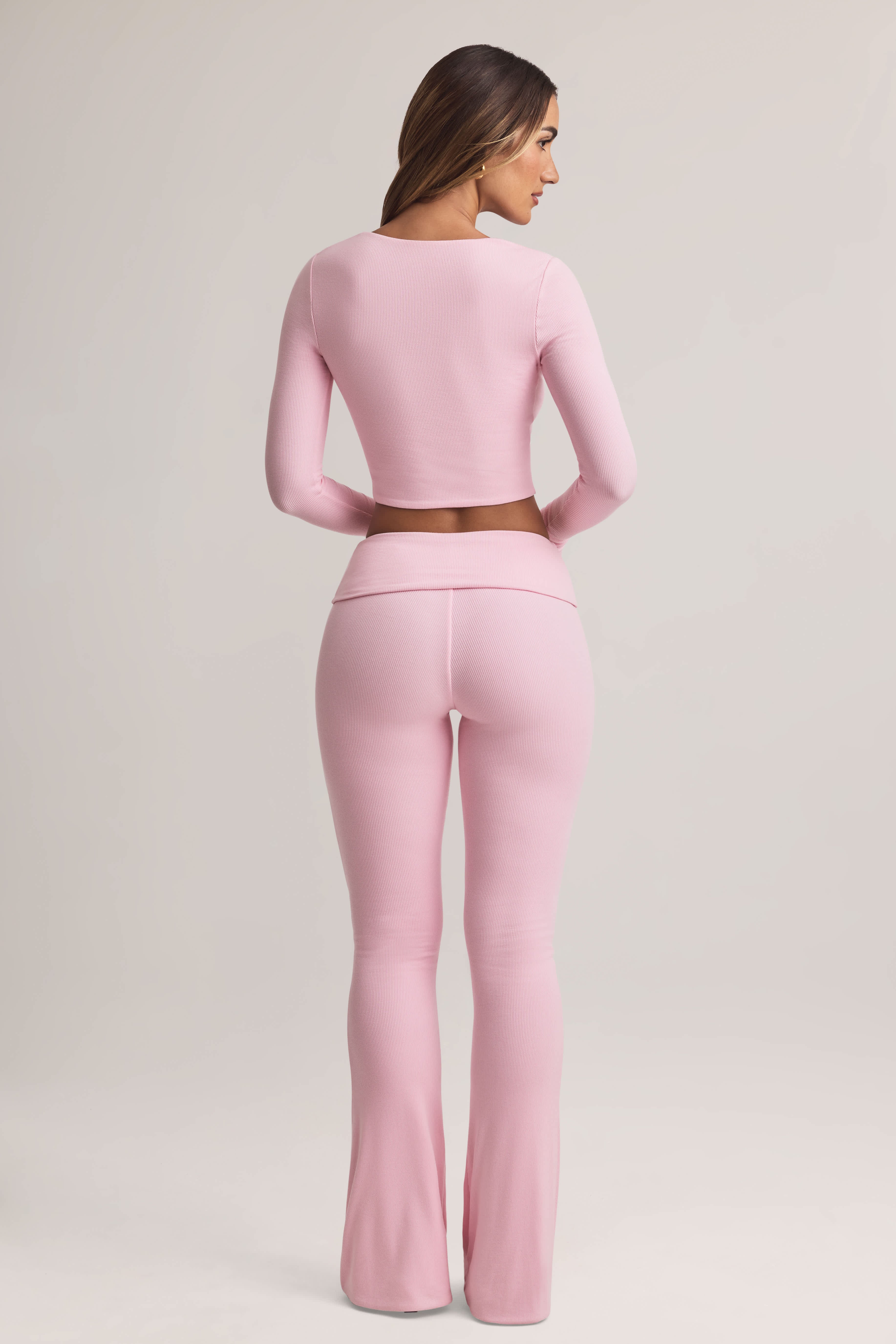 Bebe-Modal Foldover Mid-Rise Flared Trousers in Pastel Pink